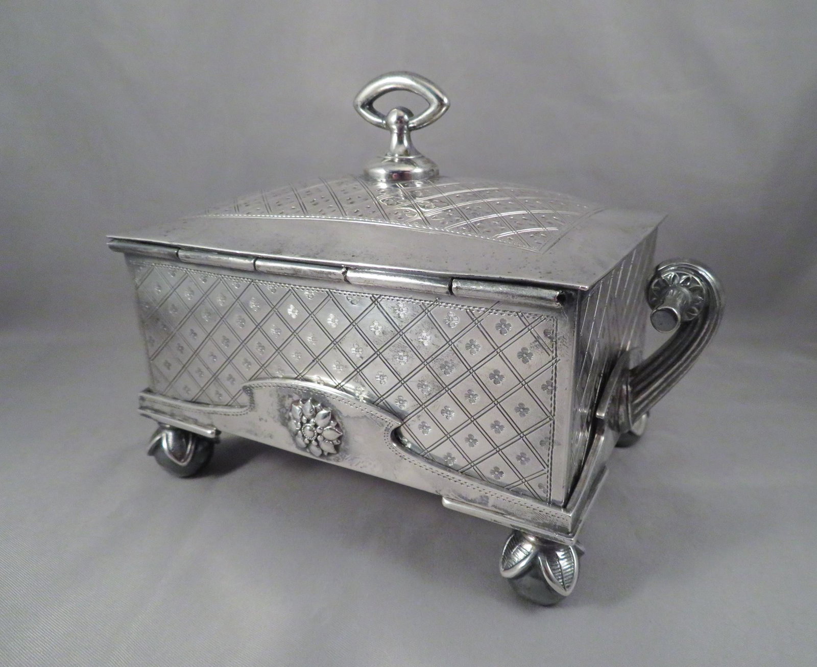 c1870 Aesthetic Period Silver Box by Rogers, Smith & Co: Manufacturer: Rogers, Smith & Company Silversmiths Location of Manufacture: New Haven, Connecticut Period of Manufacture: 1862-1877 Dimensions: 7"(l) x 4"(w) x 4 1/2"(h) Weight: 1 lbs. 10 oz. For your