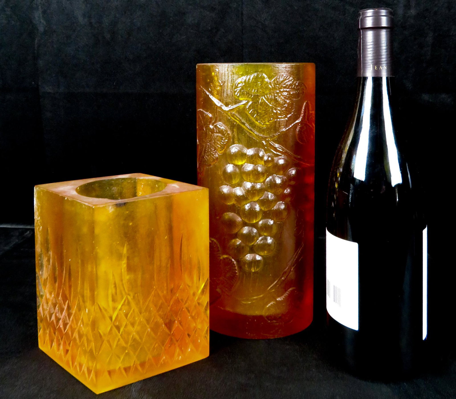 2 Large Signed Sascha Brastoff California Lucite Vases: Manufacturer: Sascha Brastoff Location of Manufacture: Los Angeles, California Period of Manufacture: late 1950's to 1960's Dimensions of Grapevine Vase: 10"(h) x 4 1/2"(w) x 3 1/2"(d) Dimensions of '
