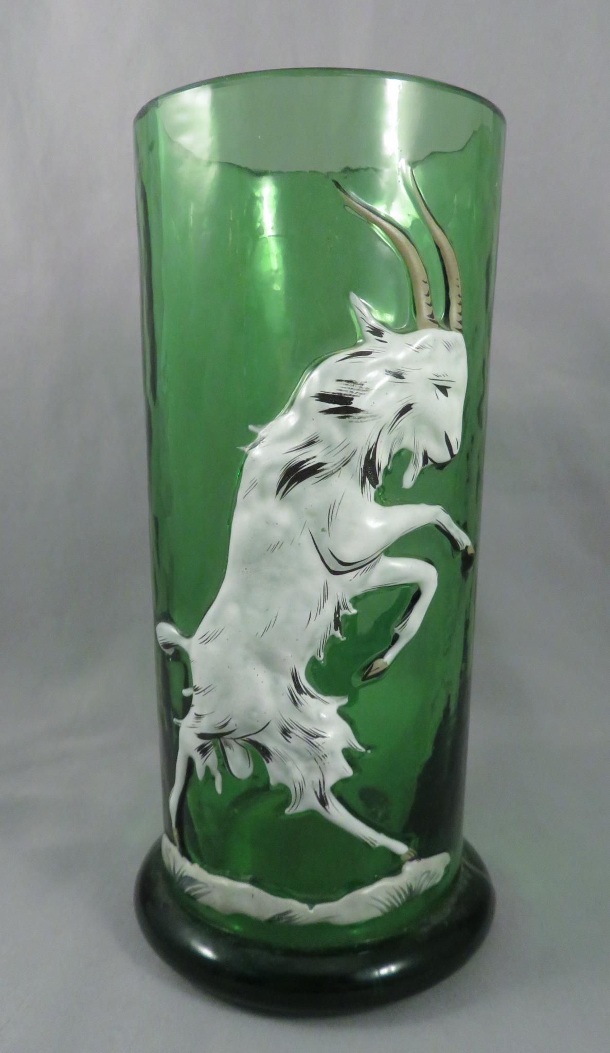 Rare Bohemian Blown Out Enamel Glass Goat Ram Mug c1880: Location of Manufacture: Bohemian/Czech Period of Manufacture: c.1880 Dimensions: 6 1/4"(h) ; 5" from handle to opposite rim Weight: 1 lbs. 1 oz. For your consideration is an extremely rare 19th Centu