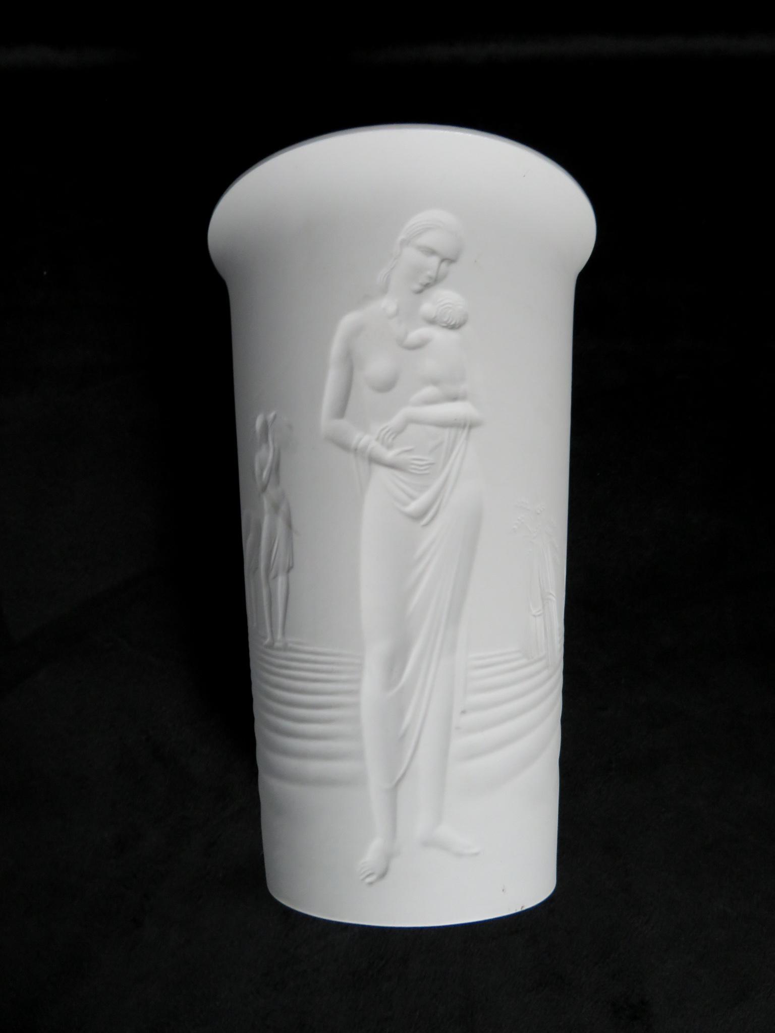 c1934 Art Deco KPM Bisque Porcelain "Erntebecher" Vase: Manufacturer: KPM (Königliche Porzellan-Manufaktur) Designer: Siegmund Schutz Design Year: 1934 Title: "Erntebecher" (Harvest Cup) Location of Manufacture: Berlin, Germany Dimensions: 8 3/4"(h) ; 5 1