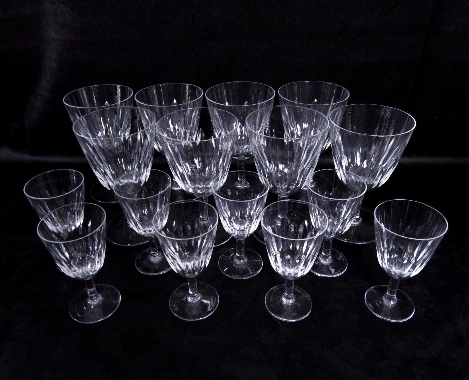 16 Baccarat Lorraine Cut Crystal Wine & Cordial Glasses: Manufacturer: Baccarat Crystal Pattern: Lorraine (clear) Pattern Dates: 1953-1978 Pattern Status: Discontinued/Retired Dimensions of Tall Water Goblets (each): 6"(h) Dimensions of Sherry Glasses (each