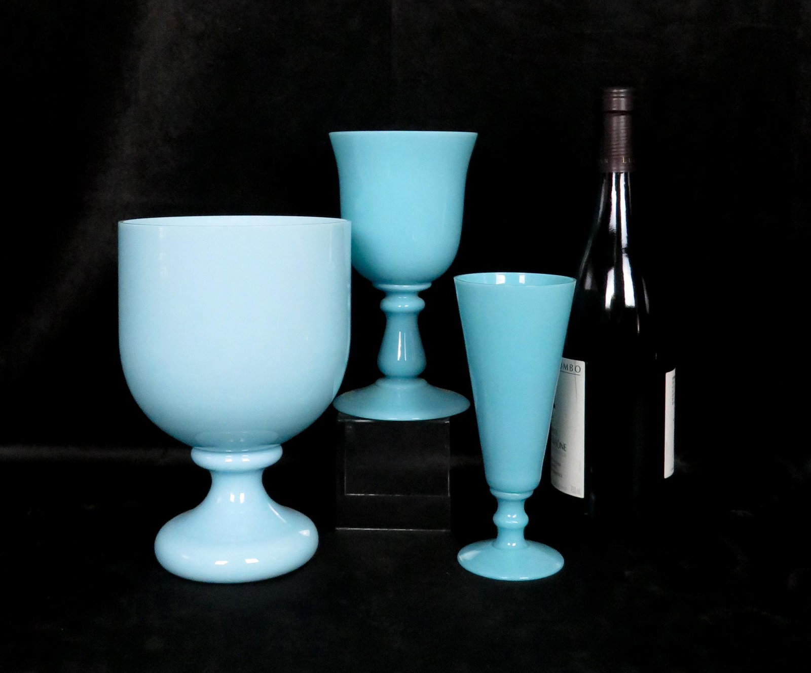 Lot Rare Portieux Vallerysthal PV French Blue Opaline: Manufacturer: Portieux Vallerysthal Location of Manufacture: France Dimensions of Largest Glass Vase: 8 1/4"(h) ; 5 1/2" rim diameter Dimensions of Goblet: 7 1/2"(h) ; 4" rim diameter Dimensions of Ch