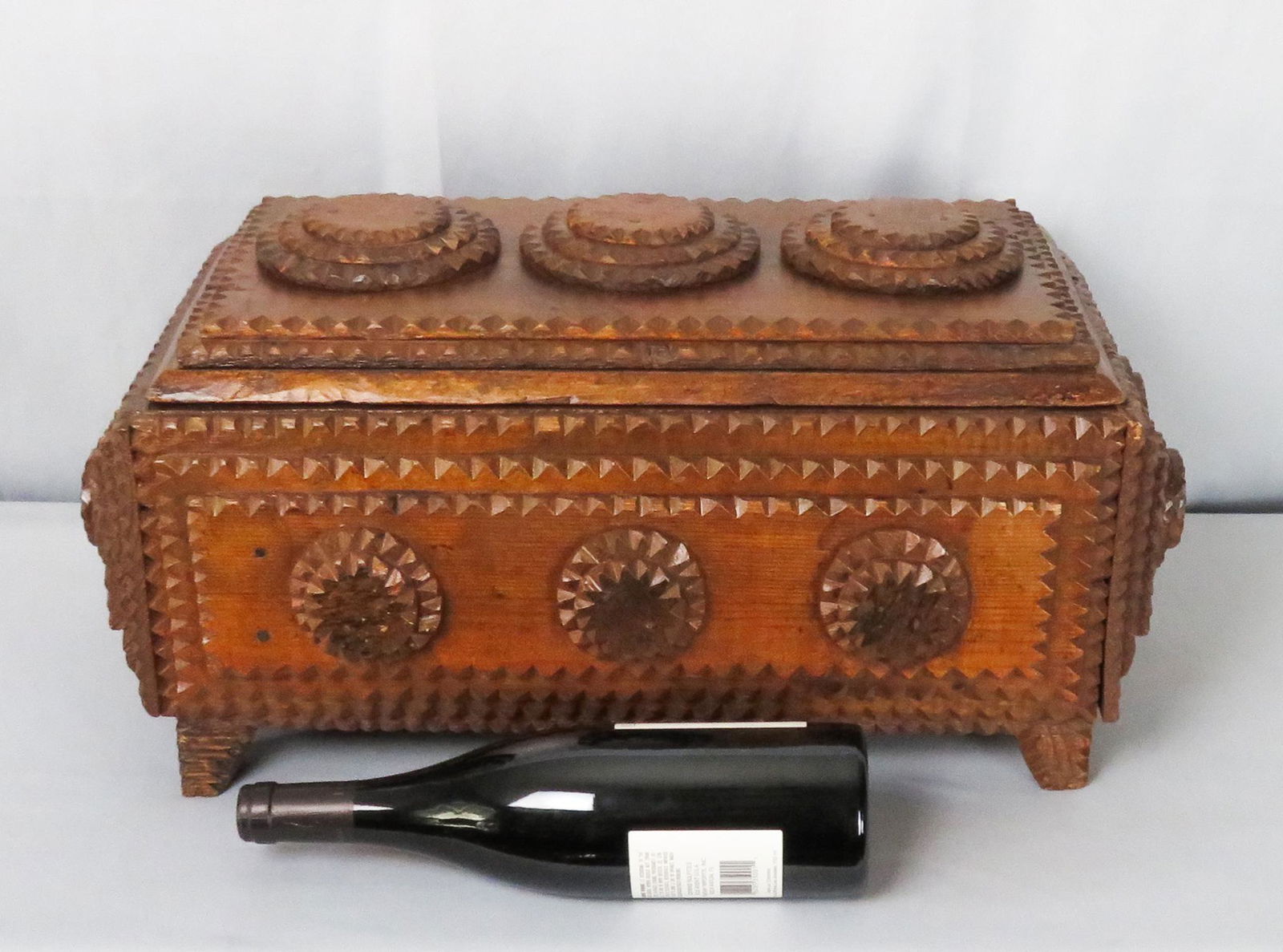 MASSIVE Folk Tramp Art Wooden Keepsake Chest or Box: Period of Manufacture: 1st Half 20th Century Dimensions: 22"(l) x 14"(w) x 10"(h) Weight: 18 lbs. 9 oz. For your consideration is a formidable wood Tramp Art keepsake chest. The design of this piece c