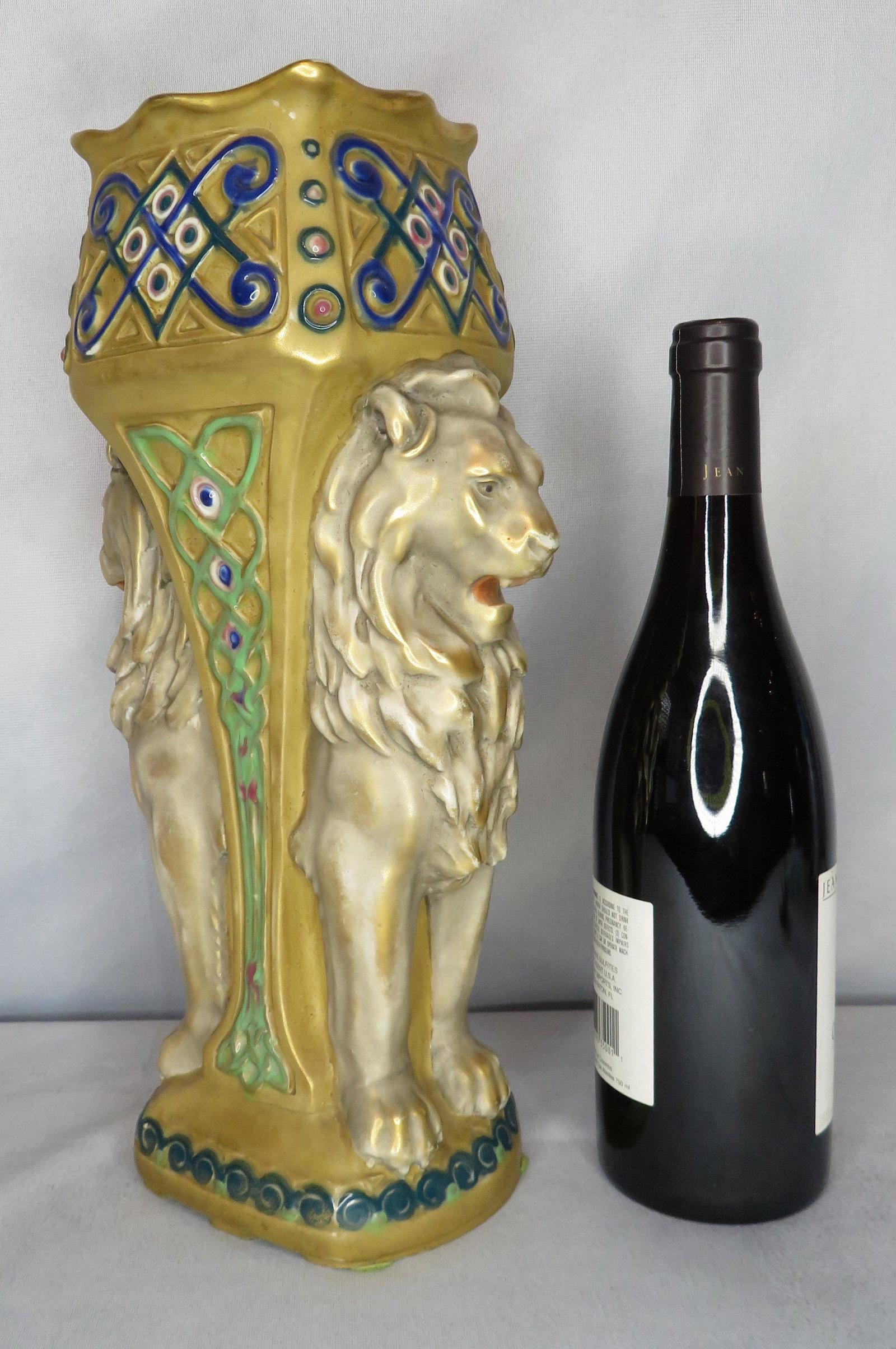 14.25" Signed Austrian Amphora Jeweled Lion Vase: Manufacturer: Amphora / Reissner, Stellmacher & Kessel Location of Manufacture: Turn-Teplitz, Austria Period of Manufacture: circa 1890 Dimensions: 14 1/4"(h) x 7 3/4"(w) x 4 1/4"(d) Weight: 4 pounds 