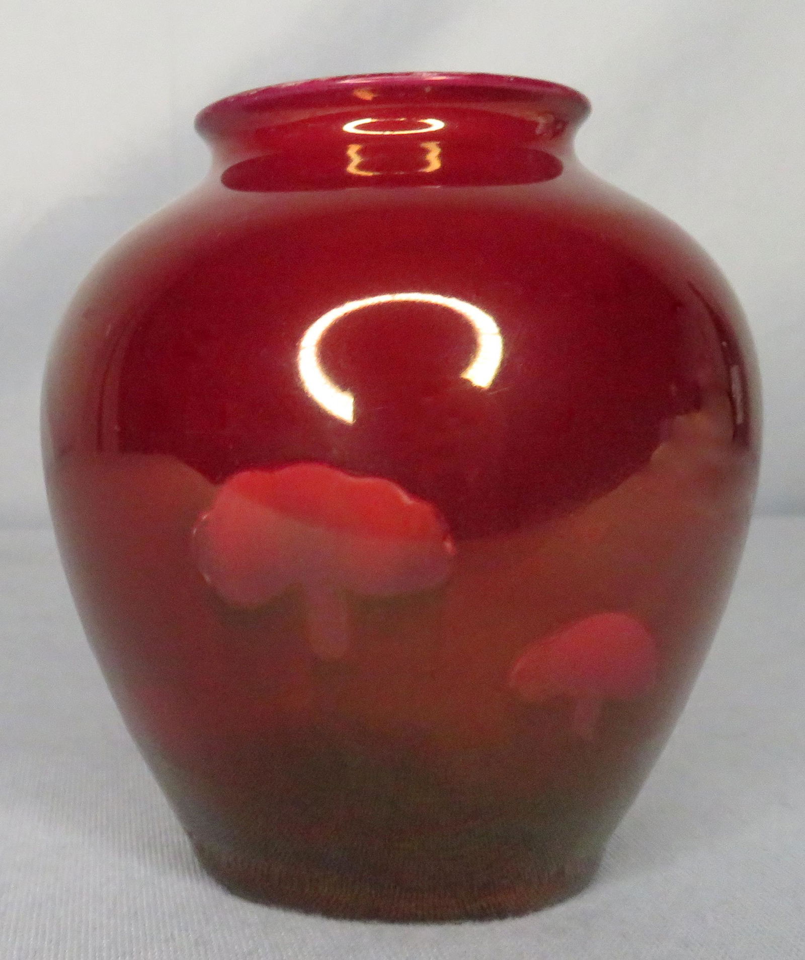 Rare c.1920 Moorcroft Claremont Flambe Toadstool Vase: Manufacturer: William Moorcroft Location of Manufacture: Staffordshire, England Period of Manufacture: circa 1920 Design Line: Claremont Dimensions: 3 3/4"(h) ; 3 3/8" at widest point Weight: 10 ounce