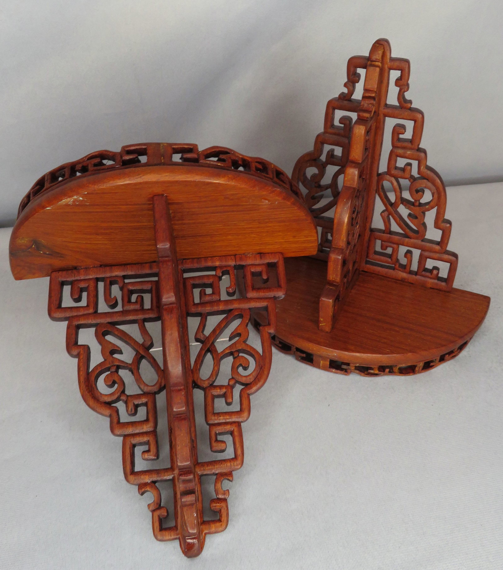Pair Antique Chinese Carved Wood Wall Shelves: Location of Manufacture: China Dimensions (each): 8 1/2"(l) x 8"(w) x 3 7/8"(d) Weight (pair): 1 lbs. 4 oz. For your consideration is a beautiful pair of antique Chinese carved wood wall shelves or sc