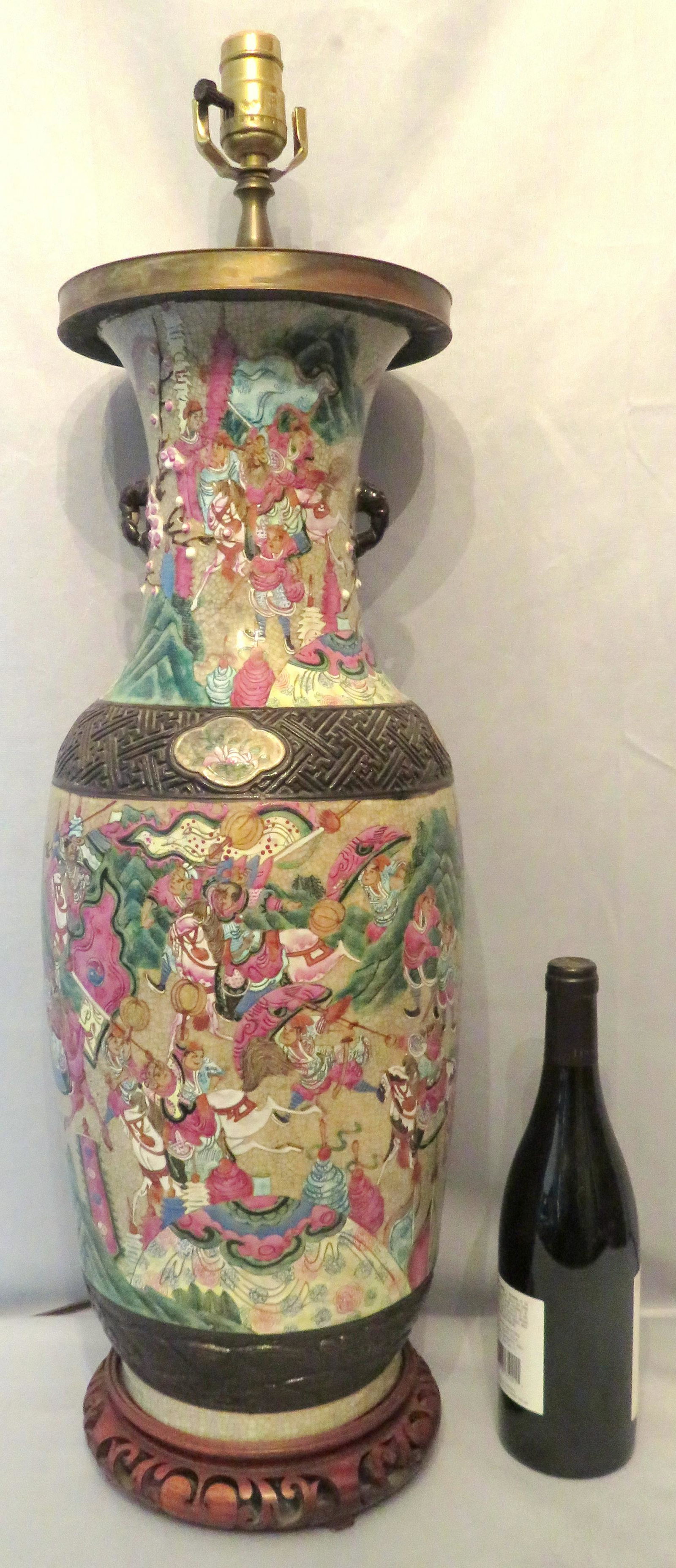 Exceptional 23" Chinese Famille Rose Crackle Table Lamp: Location of Manufacture: China Period of Manufacture: Qing Dynasty / Guangxu(1875-1908) Dimensions of Porcelain Vase: 23 1/2"(h) ; 8" diameter at shoulder Dimensions of Lamp as a Whole: 31" height wit