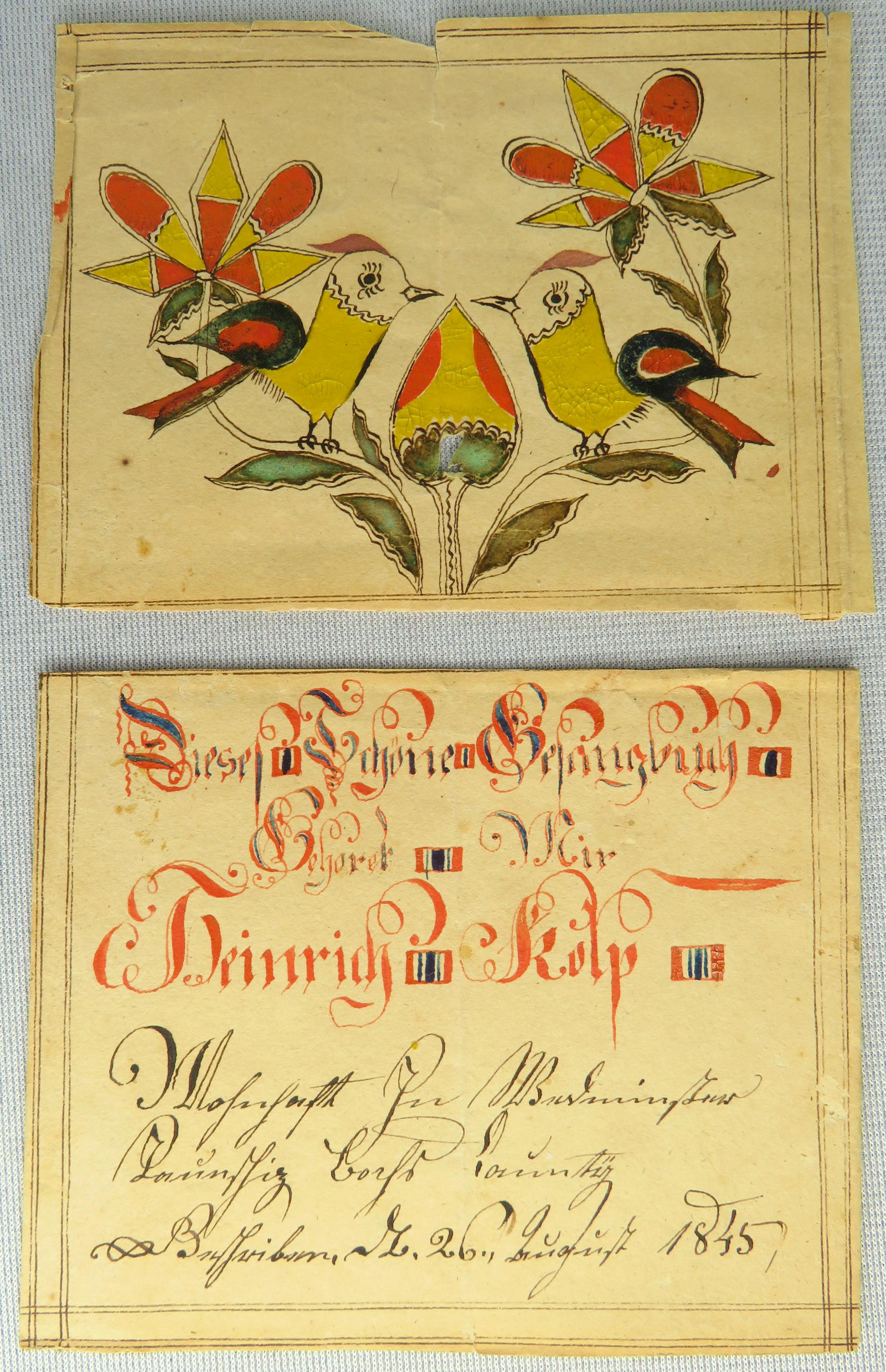 Pair 19th Century Pennsylvania Dutch Fractur Dated 1845: For your consideration are (2) 19th Century Pennsylvania Dutch folk art fractur. The first fractur is signed "Heinrich Kolp" and dated "1845. If the surname is any indication, this piece likely comes 