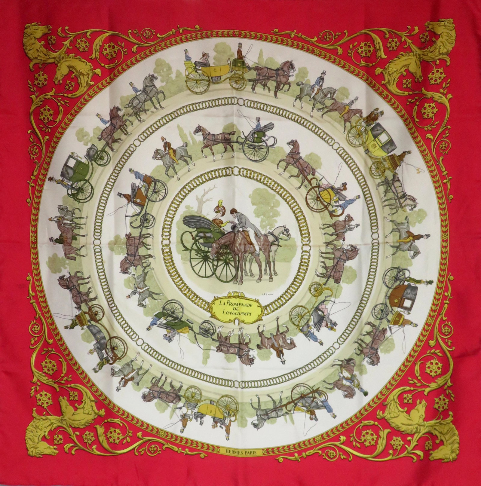 Vintage Hermes Silk "La Promenade de Longchamps" Scarf: Manufacturer: Hermes Location of Manufacture: Paris, France Designer: Philippe LeDoux Scarf Name: La Promenade de Longchamps Design Date: 1965 Dimensions: 90cm x 90cm (traditional size) For your consi