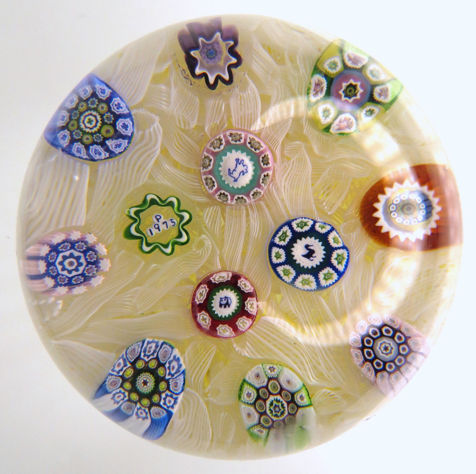 Vintage Perthshire Glass Silhouette Cane Paperweight: Manufacturer: Perthshire Location of Manufacture: Scotland Date of Manufacture: 1975 Dimensions: 2 1/2" diameter ; 1 7/8"(h) Weight: 11 ounces For your consideration is a stunning Perthshire glass pap