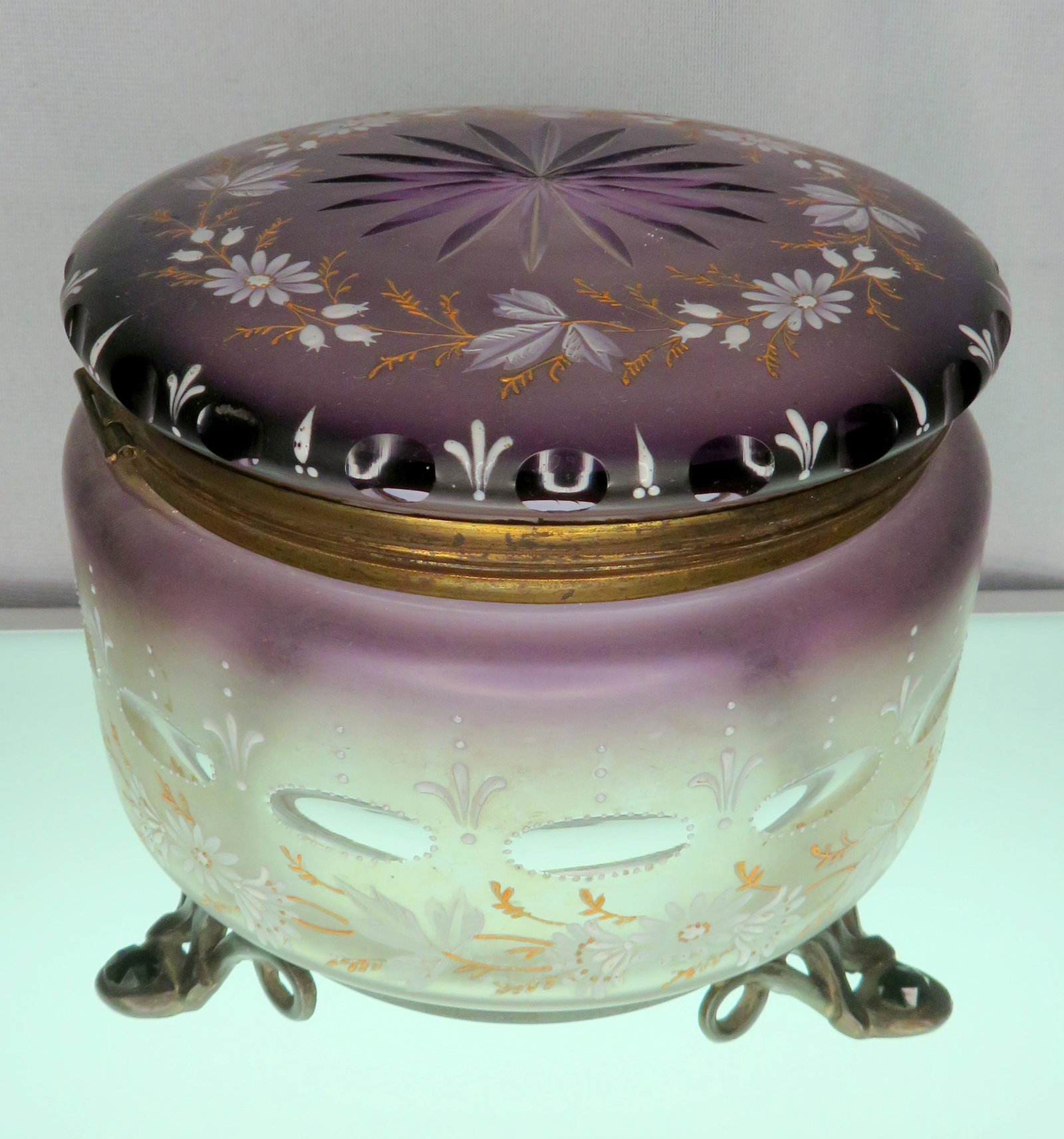 Large Moser Bohemian Enameled and Jeweled Glass Casket: Manufacturer: Moser Glass Location of Manufacture: Bohemian / Czech Dimensions: 5 3/4" diameter ; 5"(h) Weight: 1 lbs. 10 oz. For your consideration is a fabulous round Moser/Bohemian glass jewel cask