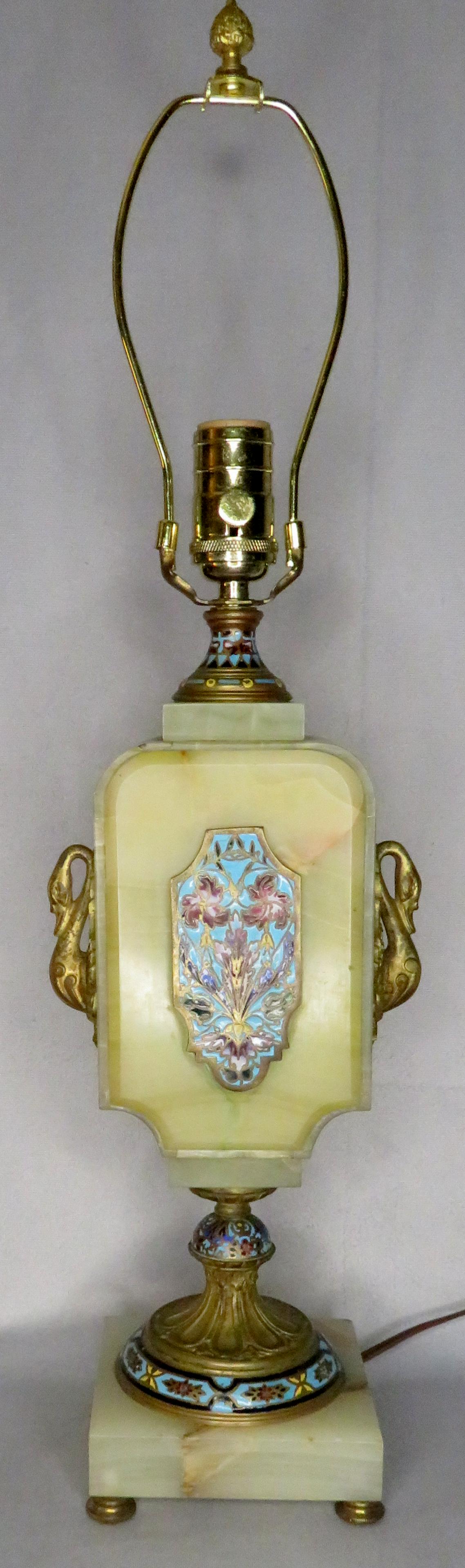 c1920 French Onyx & Champleve Mounted Swan Lamp: Location of Manufacture: France Period of Manufacture: 1st Quarter 20th Century Height from Base to Top of Socket: 18 1/2"Square Base Measurement: 5" Weight: 12 lbs. 10 oz. For your consideration is a