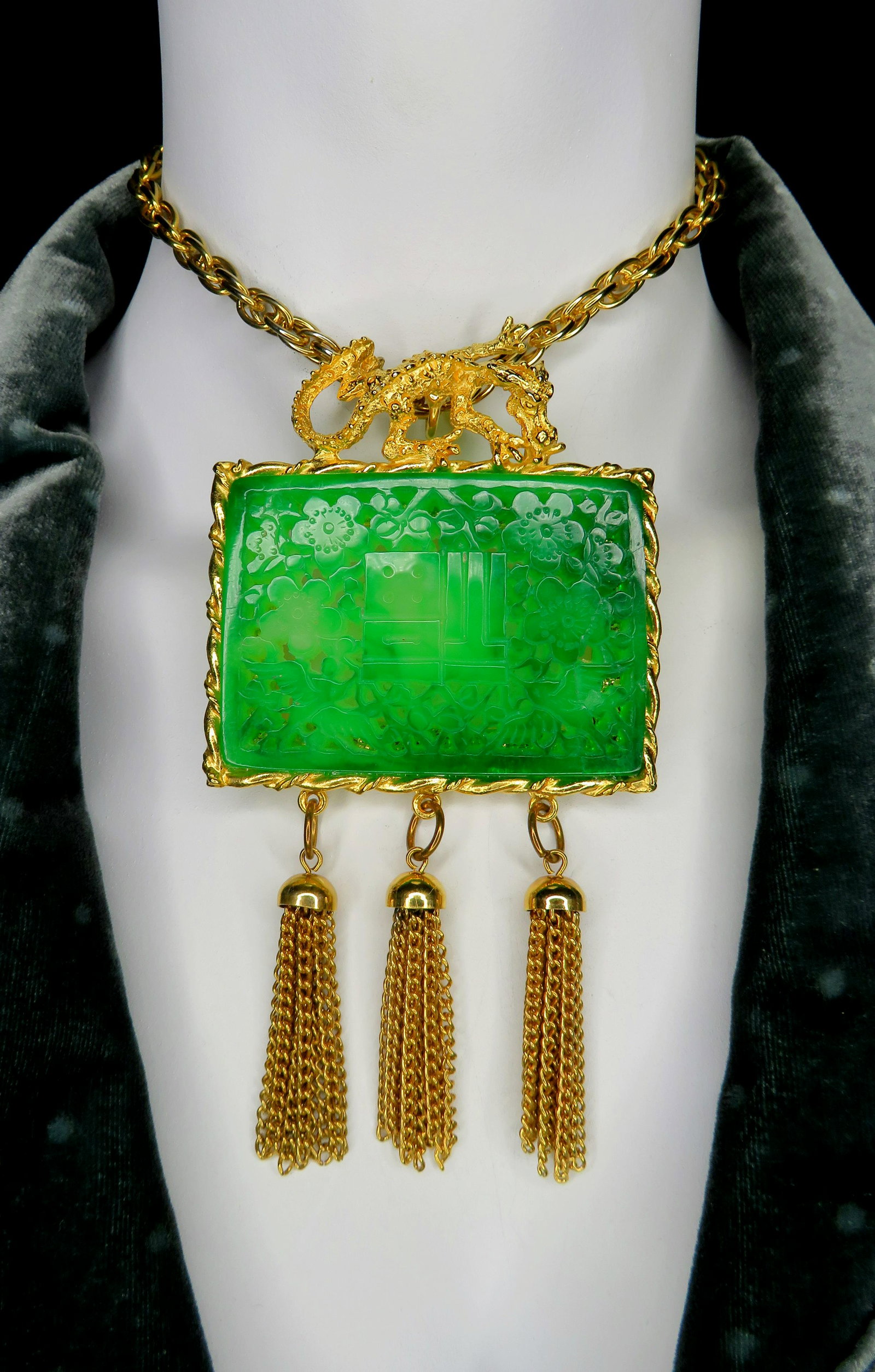 Hattie Carnegie Faux Jade Chinoiserie Necklace Brooch: Designer: Hattie Carnegie Period of Manufacture: circa 1960 Dimensions of Brooch/Pendant: 5"(l) x 2 5/8"(w) Chain Length: 18" Weight: 3 ounces For your consideration is a fabulously rare signed Hattie
