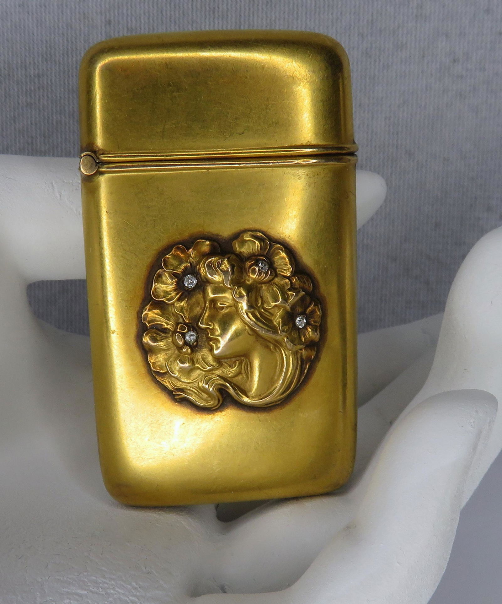 Art Nouveau Yellow Gold & Diamond Match Safe Vesta Case: Period of Manufacture: circa 1900 Materials: 9-10K Yellow Gold & Diamonds Dimensions: 2 3/8"(l) x 1 3/8"(w) x 1/2"(d) Weight: 26.3 grams For your consideration is a superb example of an Art Nouveau ma