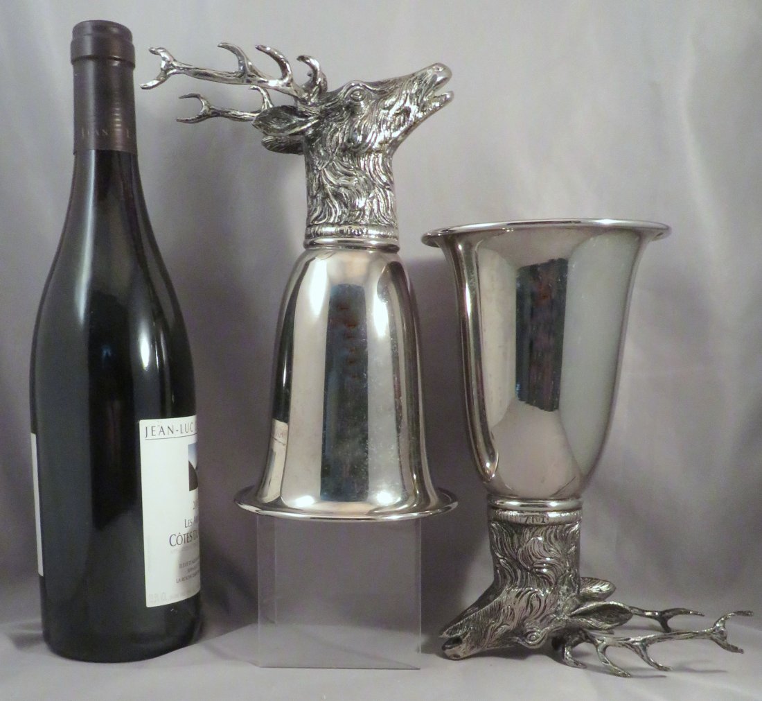 (2) Monumental 8" Signed Gucci Silver Stag Stirrup Cups: Designer: Gucci Location of Manufacture: Italy Period of Manufacture: 1980's Dimensions (each): 8" height ; 4 1/2" rim diameter; 7" width Weight (set): 2 lbs. 6 oz. For your consideration are (2) outs