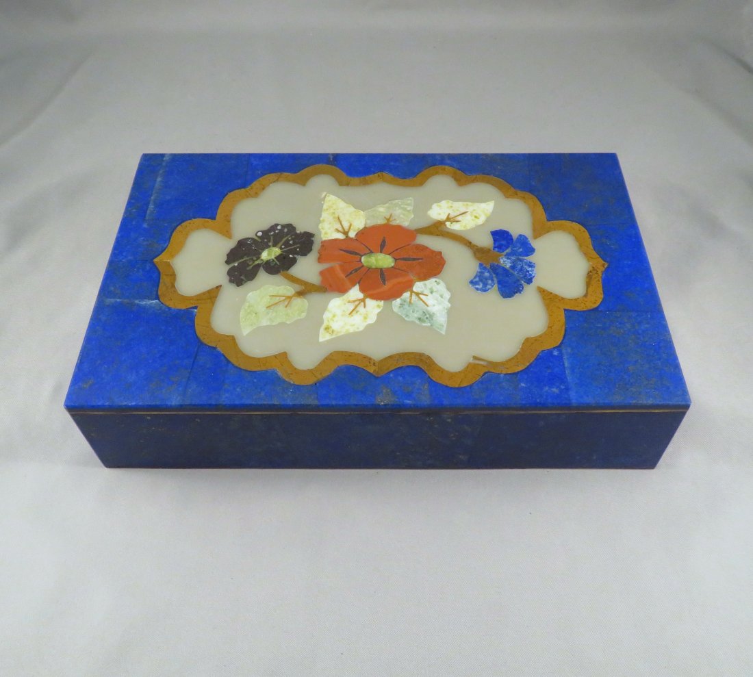 Large Lapis Lazuli Box with Inlaid Semiprecious Stones: Dimensions: 8 1/2"(w) x 5 1/2"(d) x 1 3/4"(h) Materials: Brass, Lapis Lazuli, Onyx, Sodalite, Nephrite & Agate Weight: 2 lbs. 1 oz. For your consideration is a stunning brass hinged box covered in fin