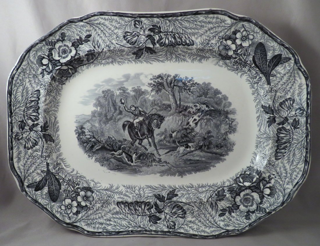 1851 Copeland Spode 12.5" Black Field Sports Platter: Maker: Copeland (late) Spode Date of Manufacture: September 26, 1851 Pattern: Field Sports Color: Black Dimensions: 12 1/2"(l) x 9 1/2"(w) Weight: 1 lbs 10 oz. For your consideration is an exceptional
