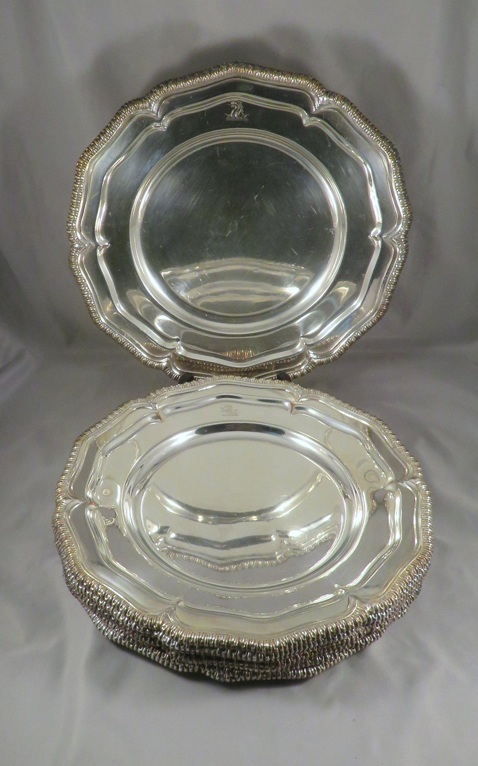 8 Antique 11.5" Sheffield Marked Silver Plate Chargers: Maker: Marked but Unknown Location of Manufacture: Sheffield, England Diameter of Each Charger: 11 1/2" Weight of Set: 14 lbs. 8 oz. For your consideration is an exceptional set of (8) antique Sheffie