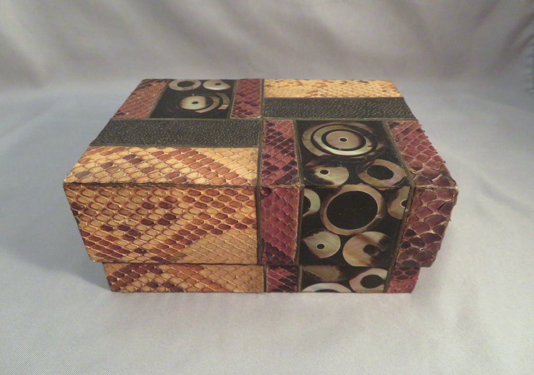 R&Y Augousti Python Shagreen & Mother of Pearl Box: Maker: Ria & Yiouri Augousti Location of Manufacture: Paris, France Dimensions: 5 1/2"(l) x 4"(d) x 2 1/2"(h) For your consideration is a vintage R&Y Augousti decorative box. This sturdy wood box is c