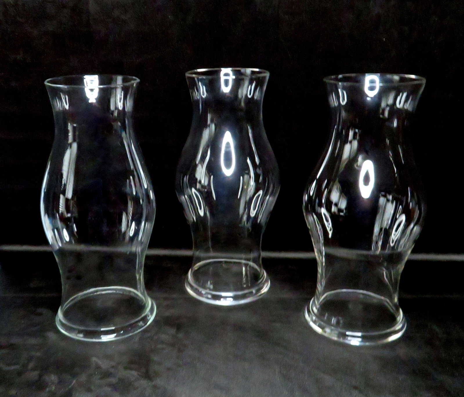 3 Blenko Glass Williamsburg Restoration Hurricane Shade: Manufacturer: Blenko Glass Location of Manufacture: Milton, West Virginia Period of Maufacture: 1937-1966 ; likely 1950's Height: 14" Diameter at Widest Point: 6" Diameter at Base: 5 3/4" Weight (each
