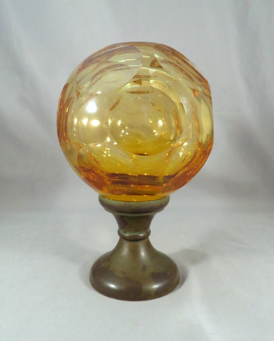 Large 19th Century Amber Cut Crystal Newel Post Finial: Period of Manufacture: Late 19th Century/Early 20th Century Dimensions: 6"(h) ; 3 1/2" diameter Weight: 1 lbs. 11 oz. For your consideration is a fantastic large brass mounted amber cut crystal newel 