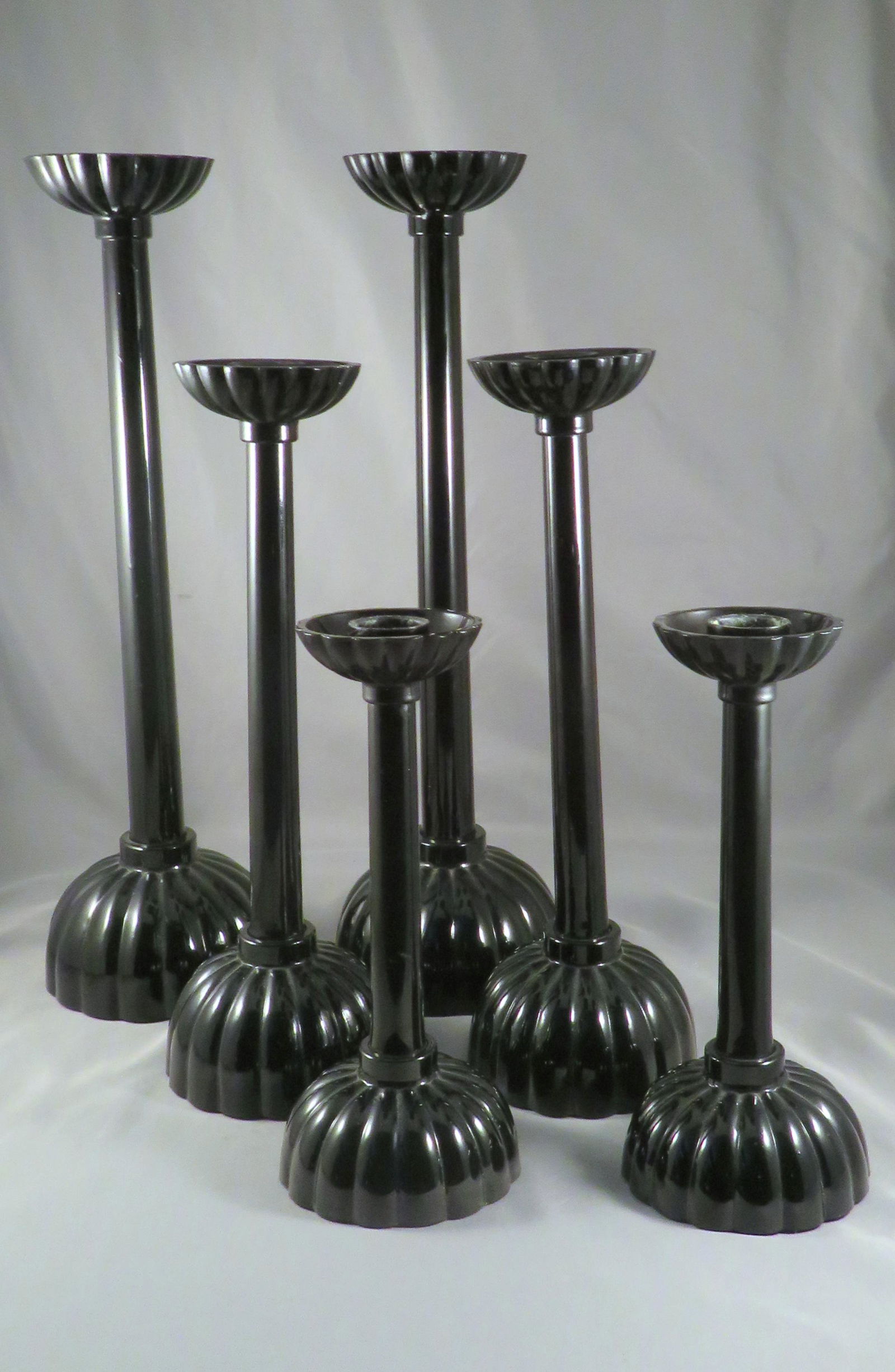 6 Signed Larry Laslo Faux Japanese Lacquer Candleholder: Designer: Larry Laslo Retailer: Mikasa Dimensions: 13 1/2", 10 3/4" & 7 1/2" in height Weight (all): 3 lbs. 2 oz. For your consideration are (6) vintage Larry Laslo for Mikasa Japanese faux lacquer te