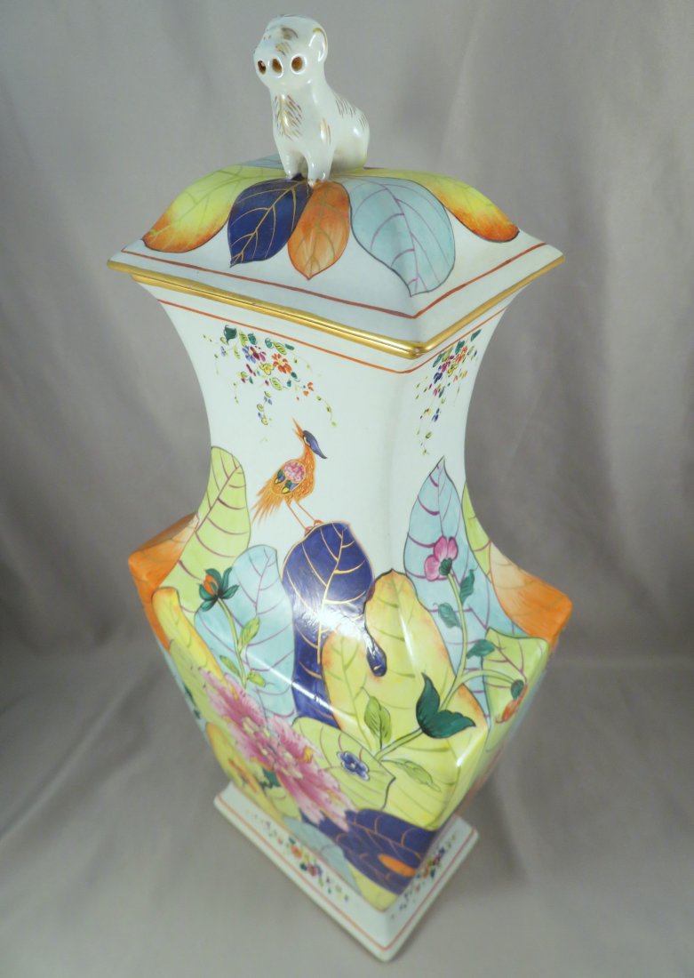 Rare Chinese Tobacco Leaf Porcelain Jar by Mottahedeh: Dimensions: 14"(h) x 6"(w) x 3"(d) Designer: Mottahedeh Location of Manufacture: Italy Weight: 2 lbs. 11 oz. For your consideration is a stunning and rare Mottahedeh "Tobacco Leaf" lidded jar. This pi