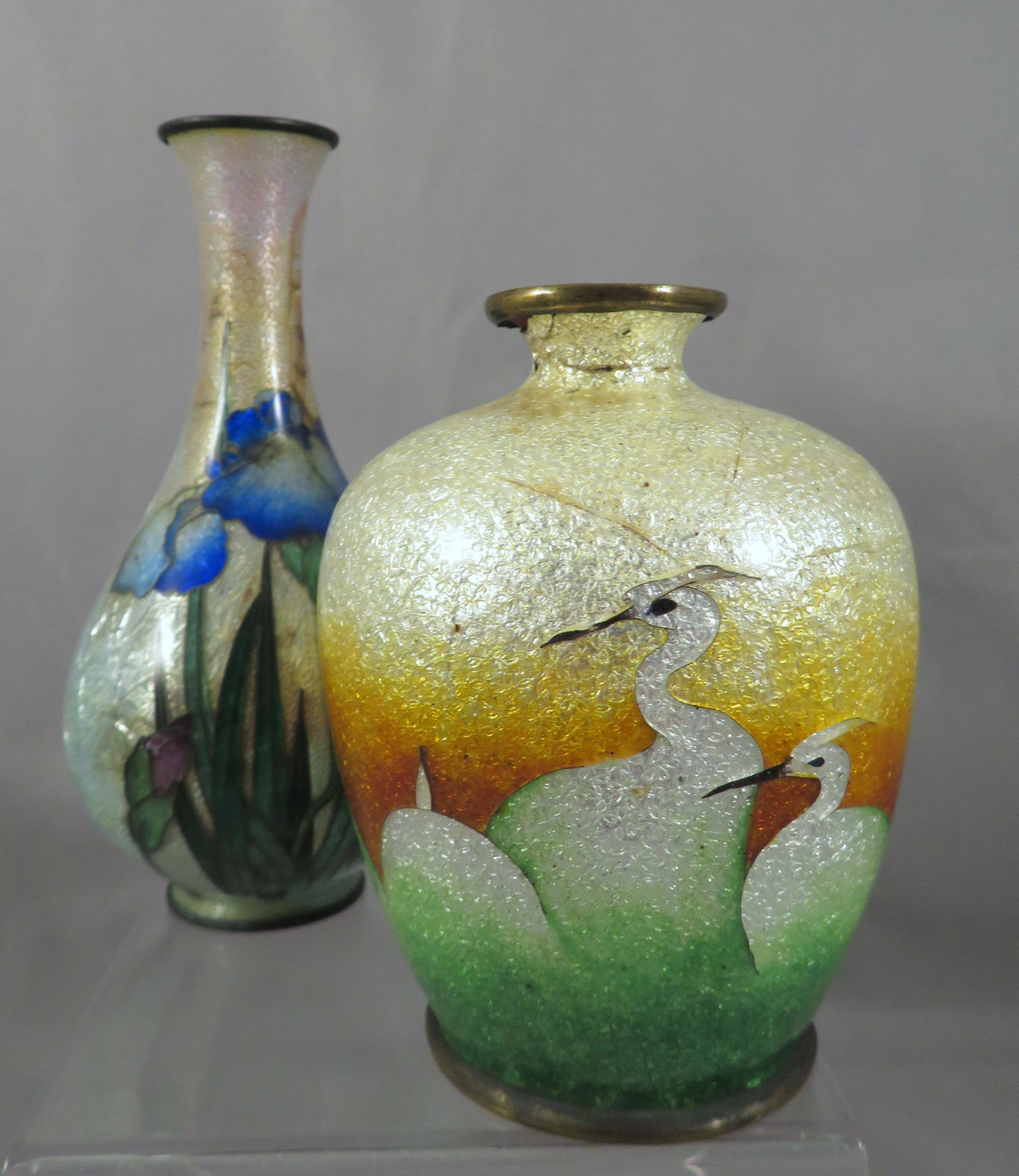 (2) Diminutive Japanese Meiji Ginbari Cloisonne Vases: For your consideration are (2) antique Japanese ginbari cloisonne vases from the Meiji Era (1868-1912). The first vase is is beautifully decorated with blue iris flowers and their associated greenery.