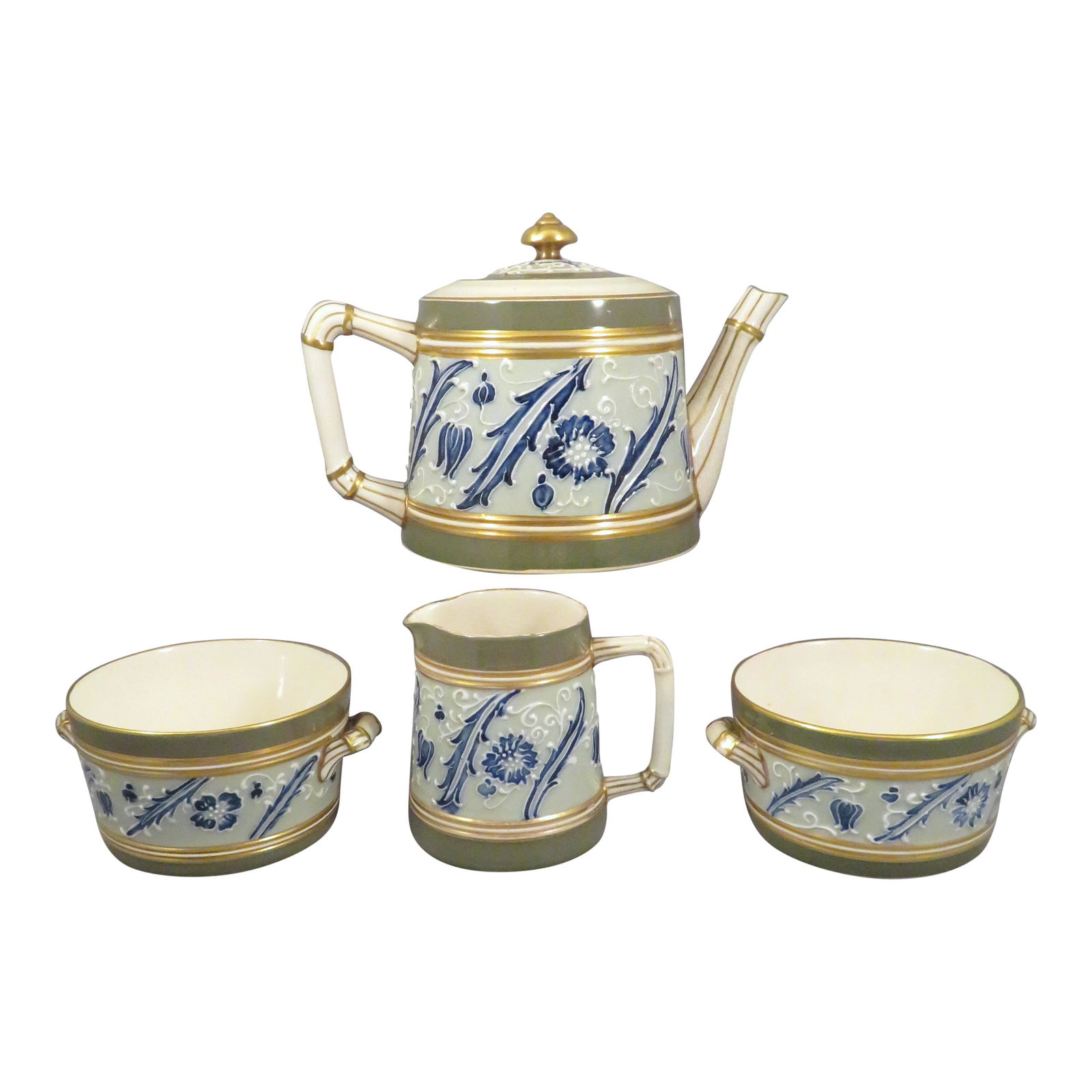 MacIntyre Gesso Faience Teapot Cream Sugar & Waste Bowl: For your consideration is a James MacIntyre & Co. "Gesso Faience" teapot, cream pitcher, open sugar bowl and waste bowl. The "Gesso Faience" line began in 1894 with the help of Harry Barnard, who came