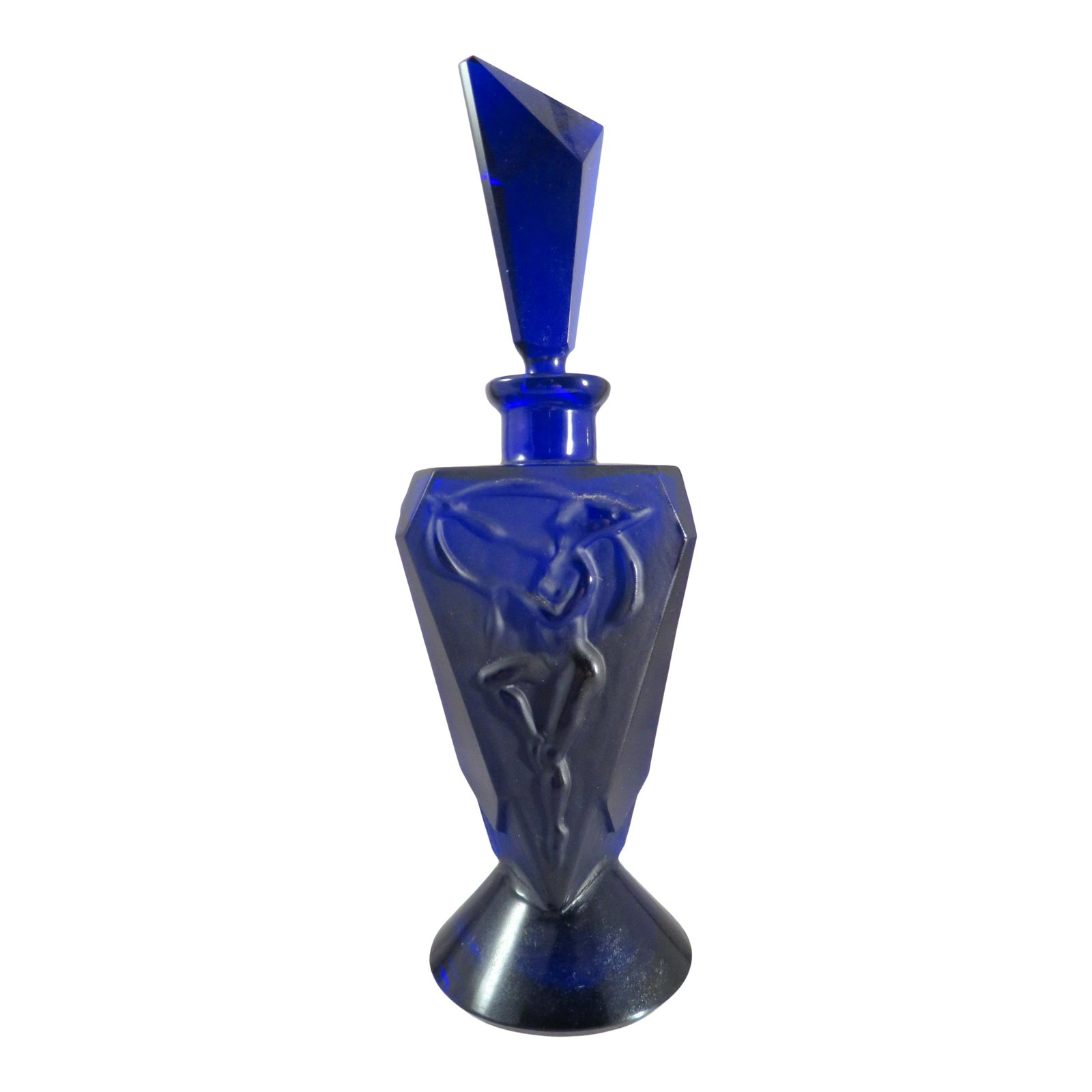 Signed Czech Glass Art Deco Female Nudes Perfume Bottle: For your consideration is a Czech glass perfume bottle. The 3-sided bottle sits atop a round base and each panel depicts a nude female in various rhythmic poses. The glass is a stunning and vibrant bl