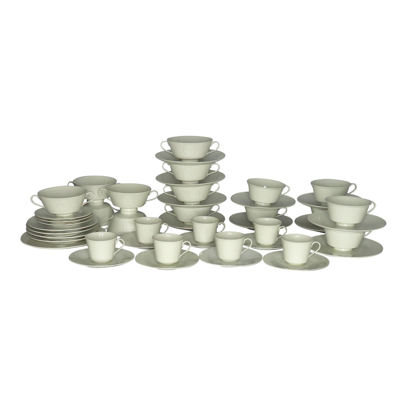 30 Pcs Selection KPM Arkadia Porcelain Cups & Saucers: For your consideration is a fabulous selection of over 30 pieces of KPM (KÃ¶nigliche Porzellan-Manufaktur) Berlin's much sought after "Arkadia" pattern. This sleek, minimalist white porcelain is qui