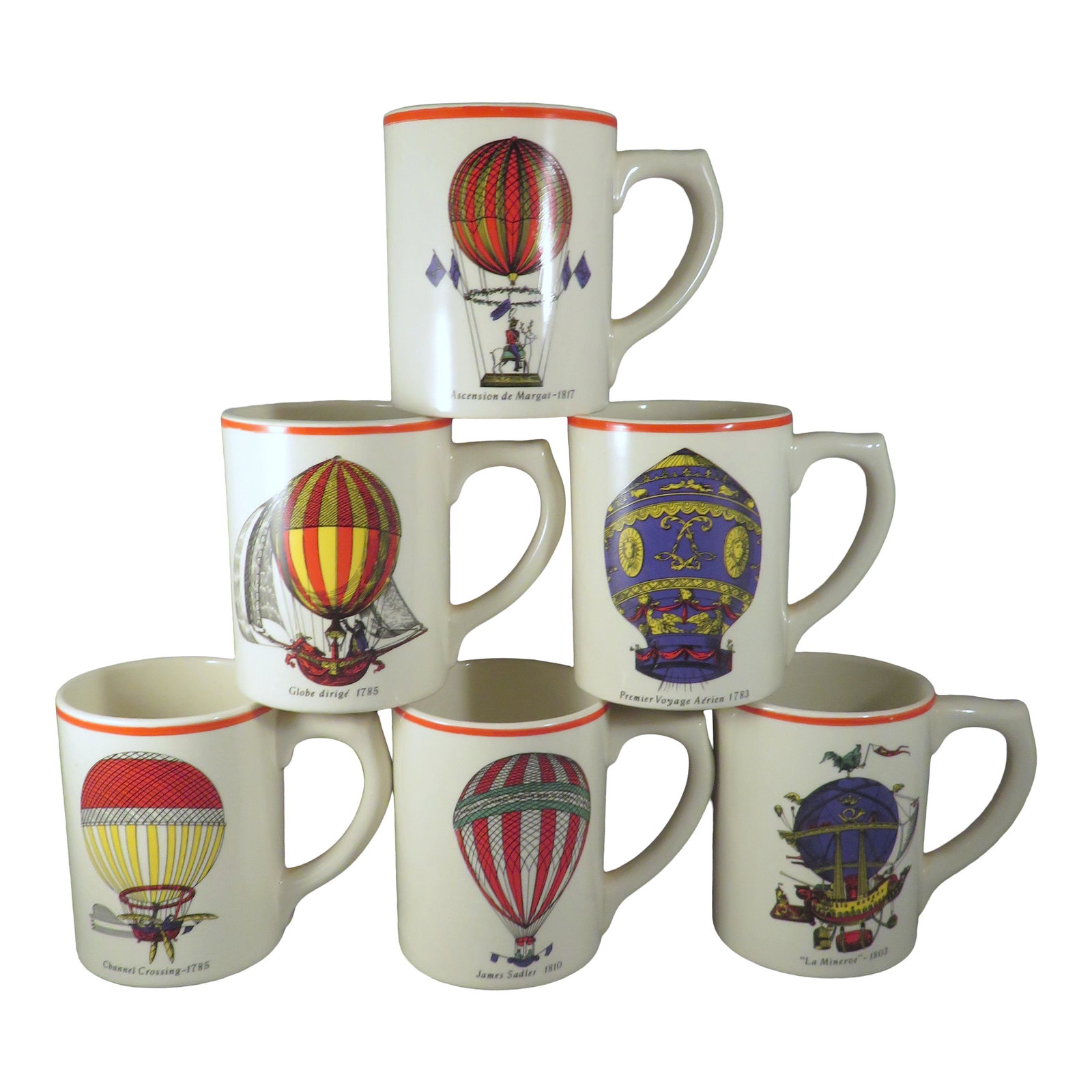 (6) Discontinued Longchamp Montgolfiere Coffee Mugs: For your consideration are (6) Longchamp France coffee mugs in the "Montgolfiere" or hot air balloon pattern. This rare pattern was started in the 1970's and is now discontinued. Each mug depicts a di