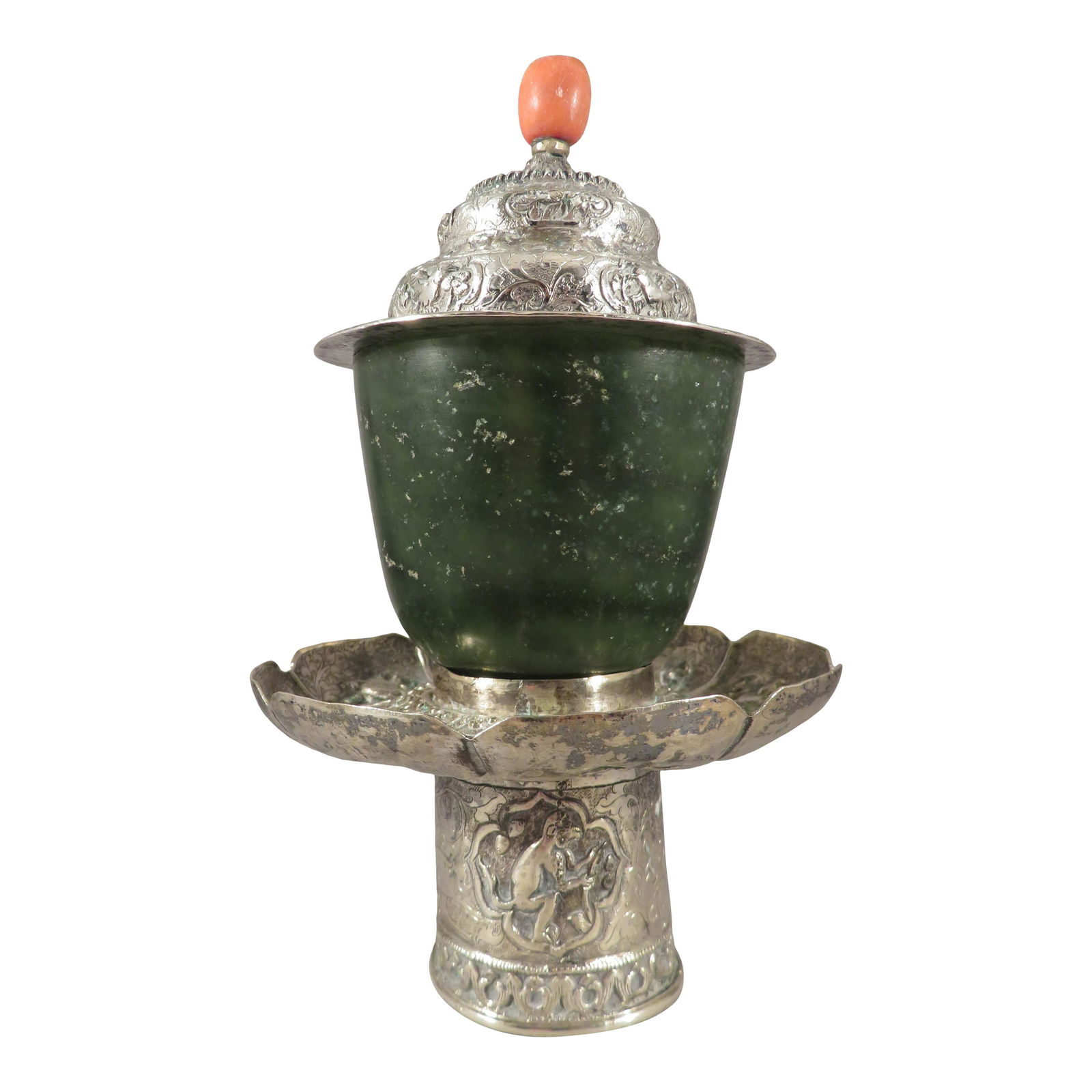 Tibetan Silver Jade & Coral Dhakya Tea Cup Stand & Lid (1 of 18)