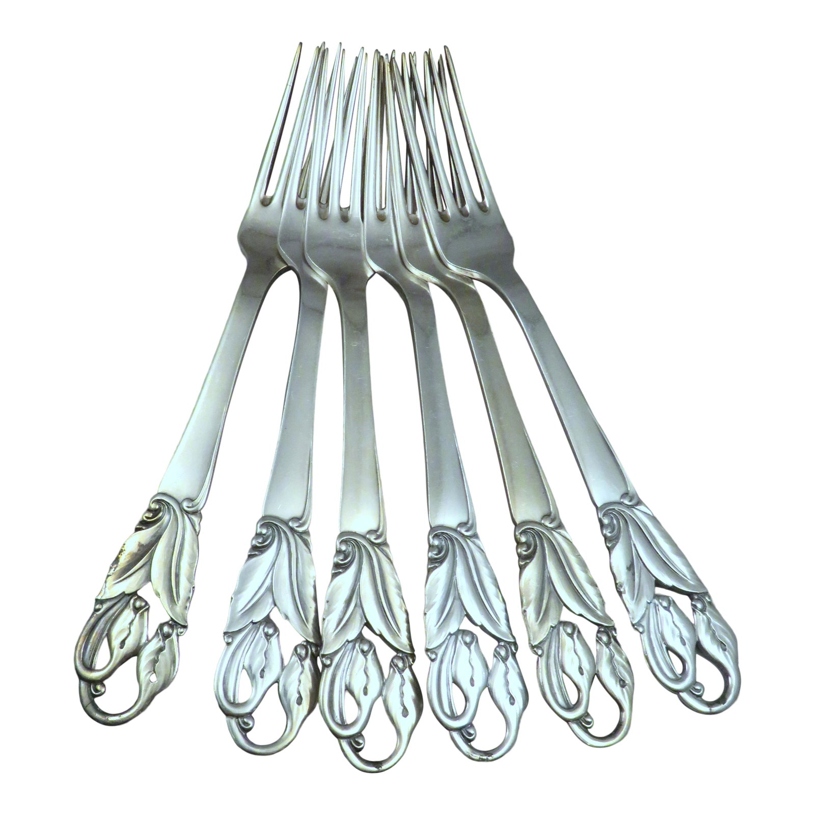 (6) Danish Madsen & T. Baagoe M&TB Silver Dinner Forks: For your consideration are (6) stunning Madsen & T. Baagoes silver dinner forks with pierced floral decoration. Each fork is clearly marked with the "M&T.B." maker's mark and measures 8" in length. Th