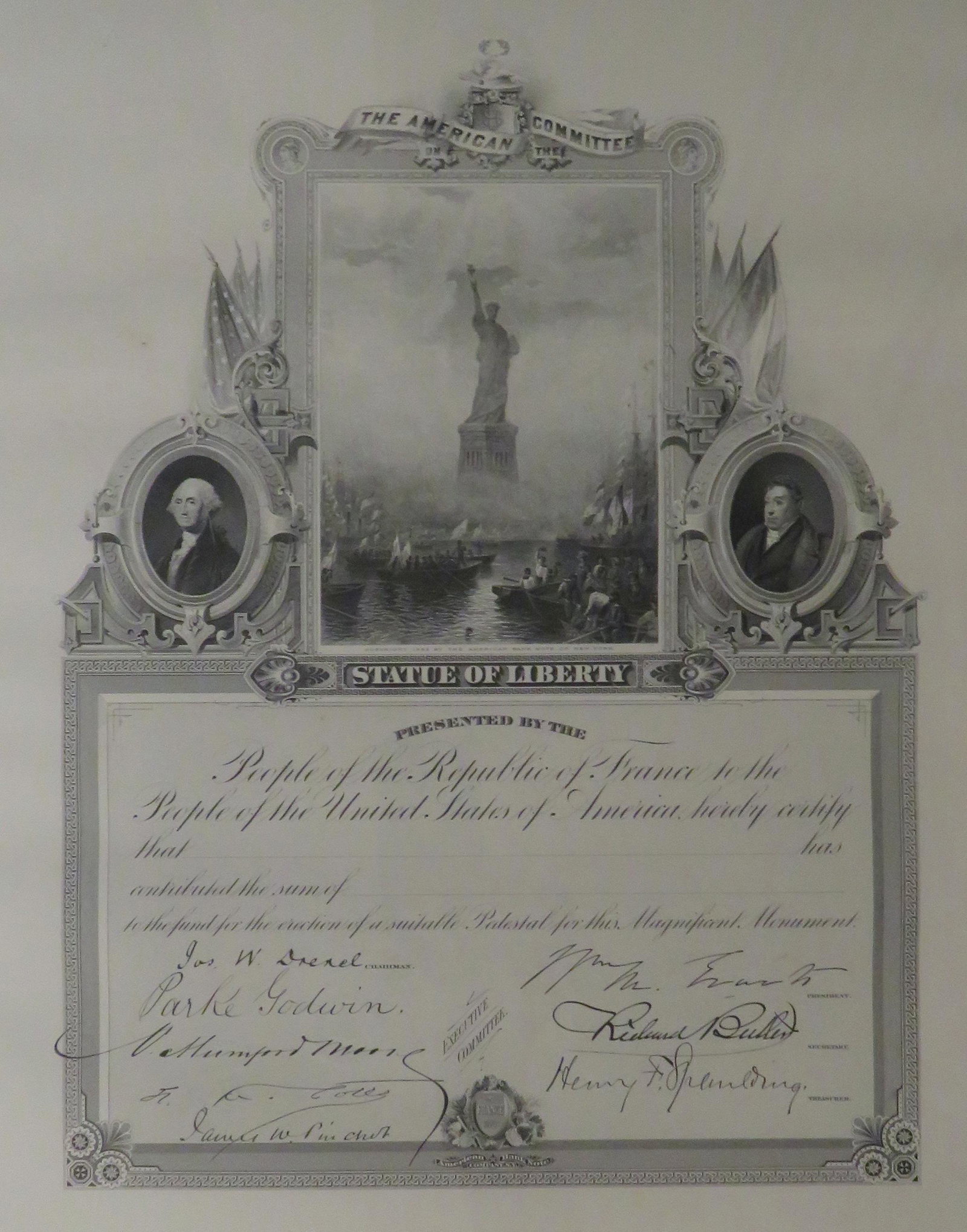 1883 American Statue of Liberty Committee Certificate: For your consideration is an exceptionally rare authentic blank certificate of appreciation from the American Committee on the Statue of Liberty. This certificate was to be filled out and sent to dono