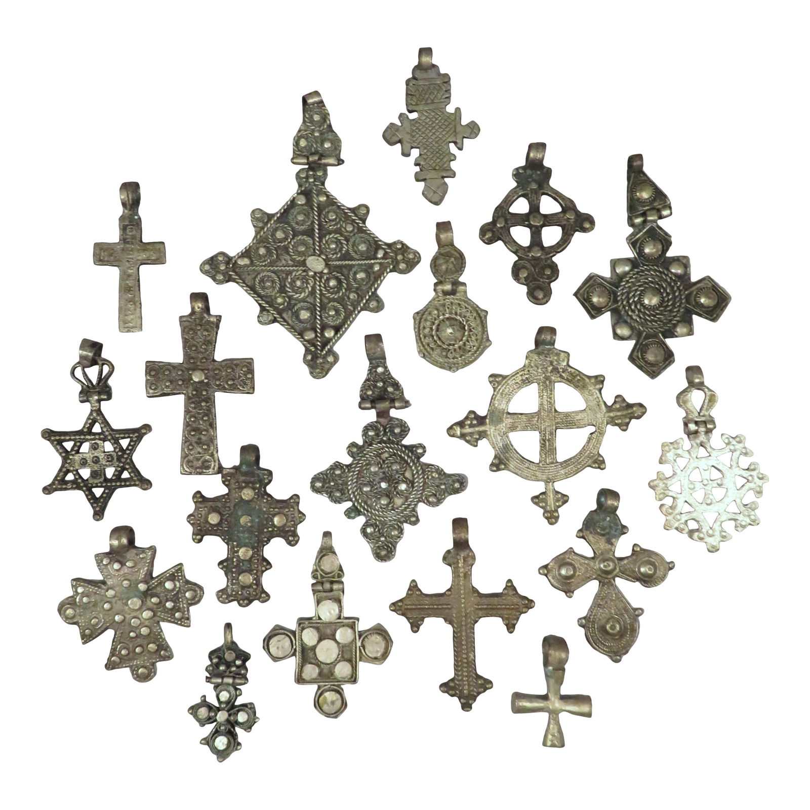 Collection of 18 Ethiopian Silver Coptic Cross Pendants (1 of 2)
