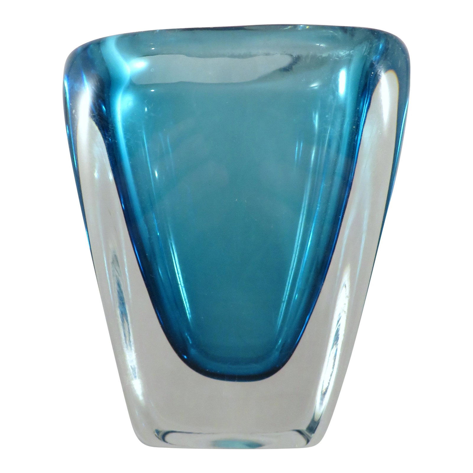 Sommerso Glass Vase by Josef Schott for Smalandshyttan: For your consideration is a stunning sommerso glass vase by Josef Schott for Smalandshyttan Glassworks, Sweden. This vase has the most amazing blue-colored interior encased in a thick crystal clear gl