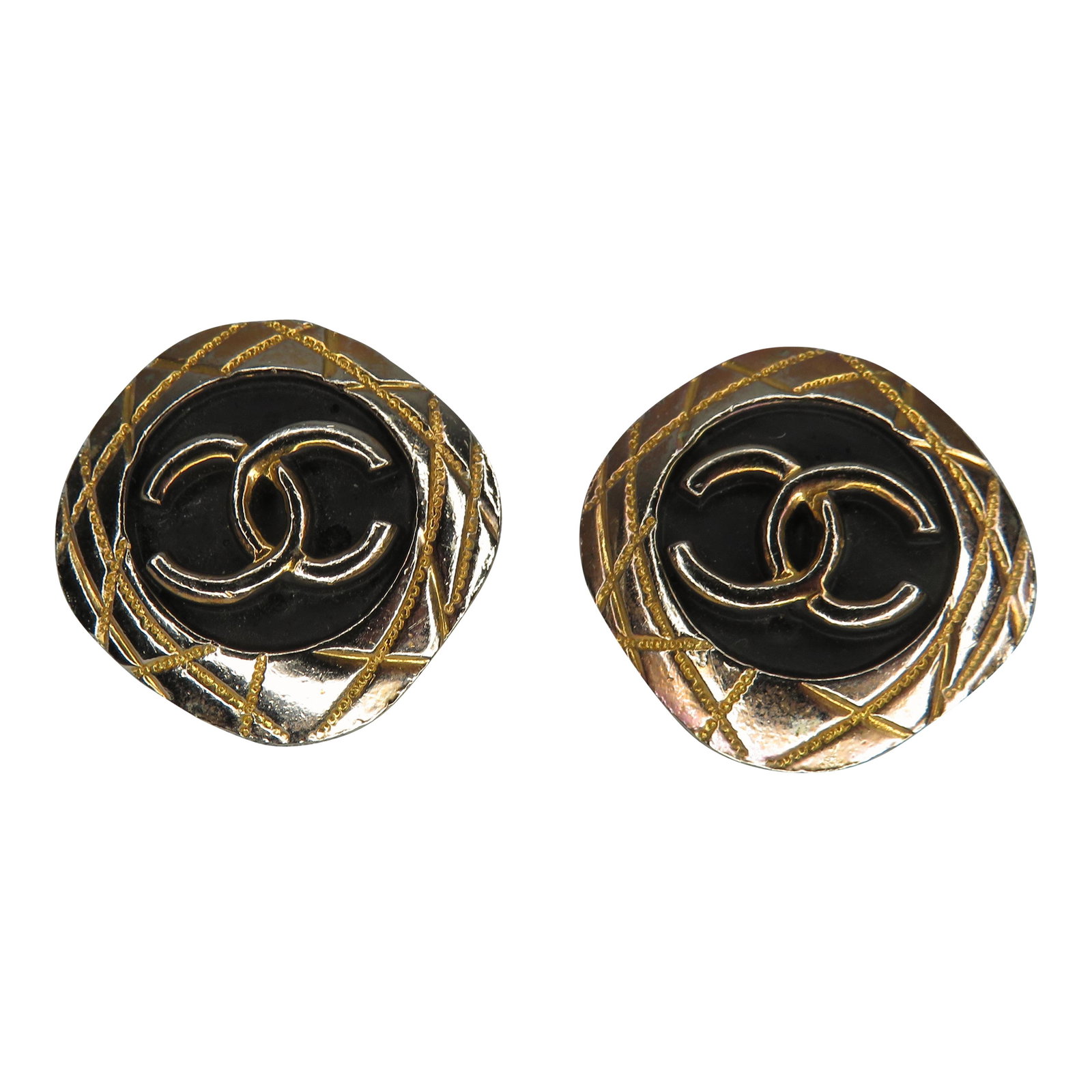Signed 1970s Chanel Logo Gold & Black Earrings (1 of 4)