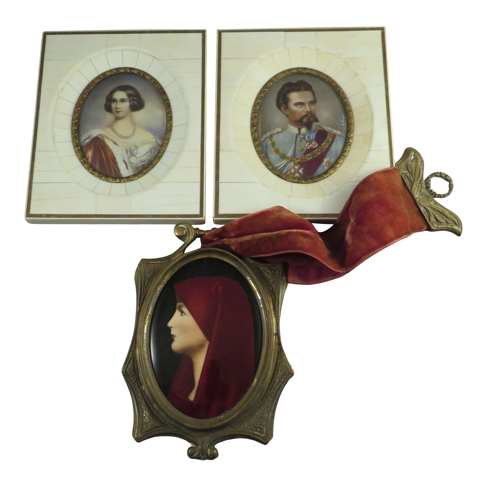 Lot Antique Miniature Portraits in Bone & Bronze Frames: For your consideration are a lot of (3) miniature portraits of King Ludwig II of Bavaria, Marie of Prussia (Queen of Bavaria) & Saint Fabiola. The portraits of King Ludwig and Marie are housed in beau