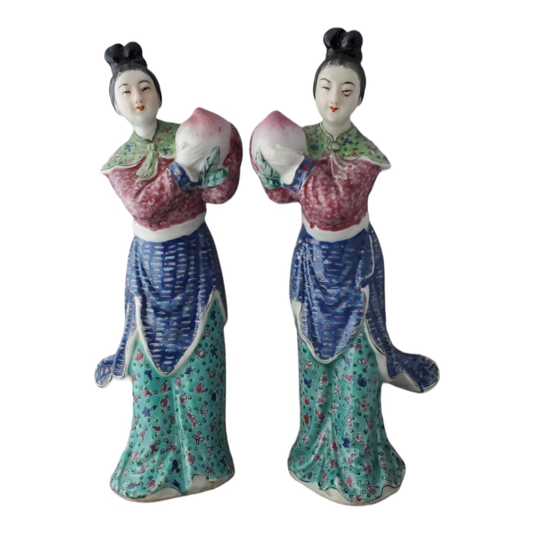 Mirrored Pair of Chinese Famille Rose Porcelain Female Figures Holding Peaches (1 of 7)