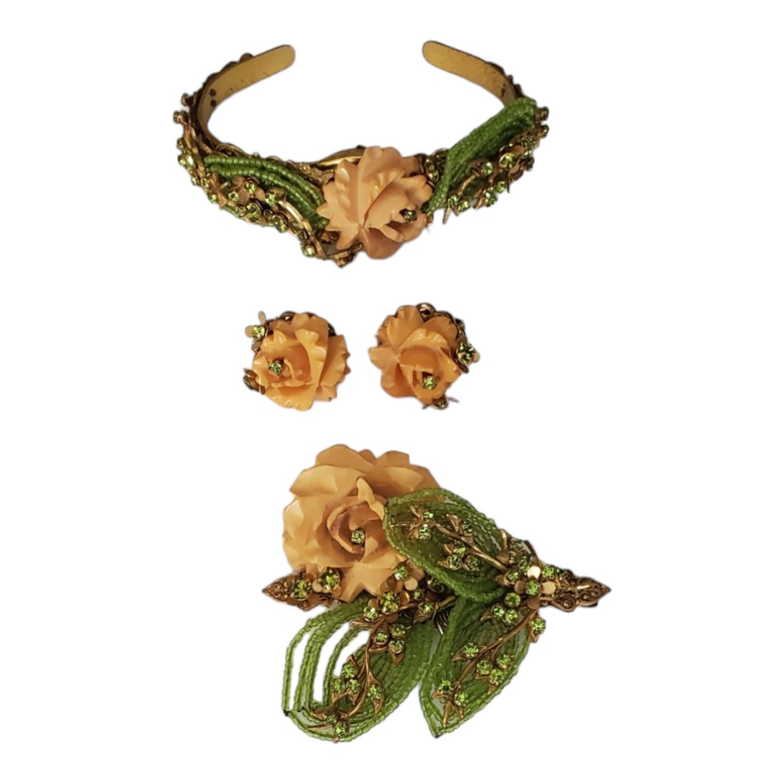 Rare Miriam Haskell 3-Piece Demi-Parure with Floral Carved Bone Embellishments: Rare 3-Piece Signed Miriam Haskell Demi-Parure with Carved Bovine Bone, Seed Bead and Rhinestone Embellishments - To Include Bracelet, Brooch and Earrings Designer: Miriam Haskell Period of Manufactur