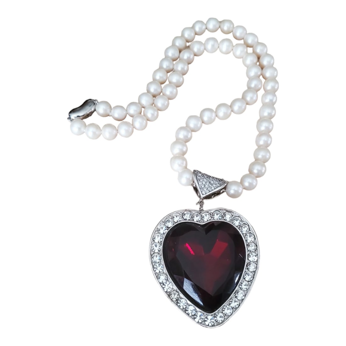 Oversized Yves Saint Laurent Rhinestone & Crystal Heart Pendant on Genuine Pearl Necklace (1 of 6)