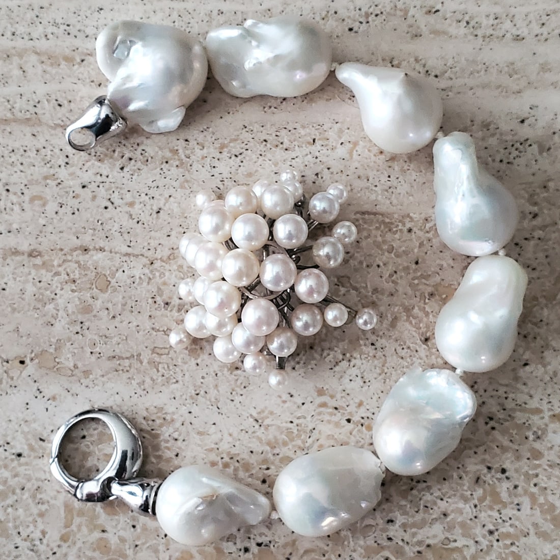 20mm Baroque Pearl Bracelet & Cultured Pearl and Sterling Starburst Brooch or Pendant (1 of 7)