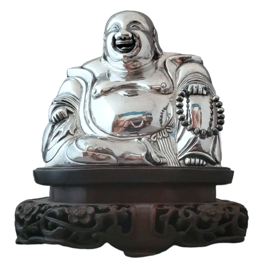 Marked Chinese Export Sterling Silver Buddha on Carved Wood Stand (1 of 8)