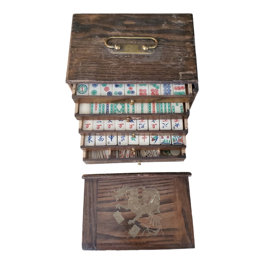 Antique Chinese Carved Bone & Bamboo Mahjong Set in Fitted Case: Location of Manufacture: China Carrier Dimensions: 9 1/2"(w) x 6 1/4"(h) x 6 3/4"(d) Weight of Set: 7 pounds, 5 ounces For your consideration is a carved bovine bone and bamboo mahjong set in fitted c