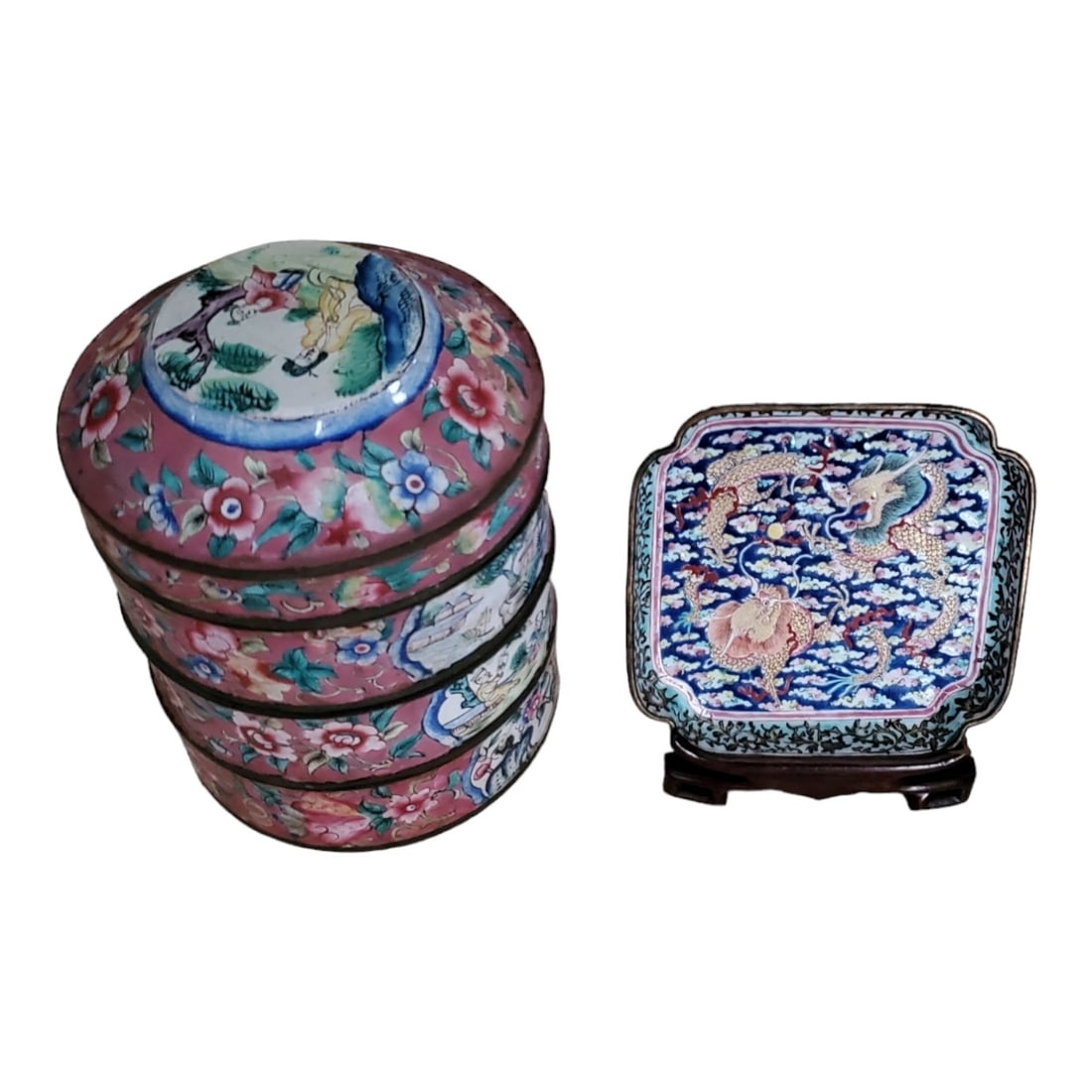 Marked Chinese Canton Enamel Stacked Sweetweet Box & Dragon Dish (1 of 9)