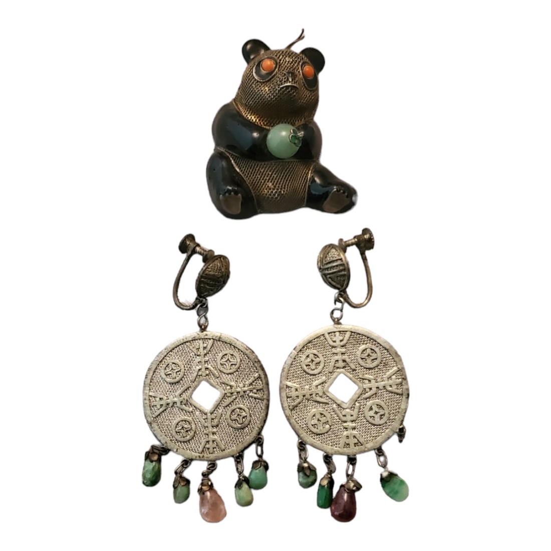 Pair of Chinese Sterling Silver Filigree Coin Earrings & Enameled Panda Pendant (1 of 4)