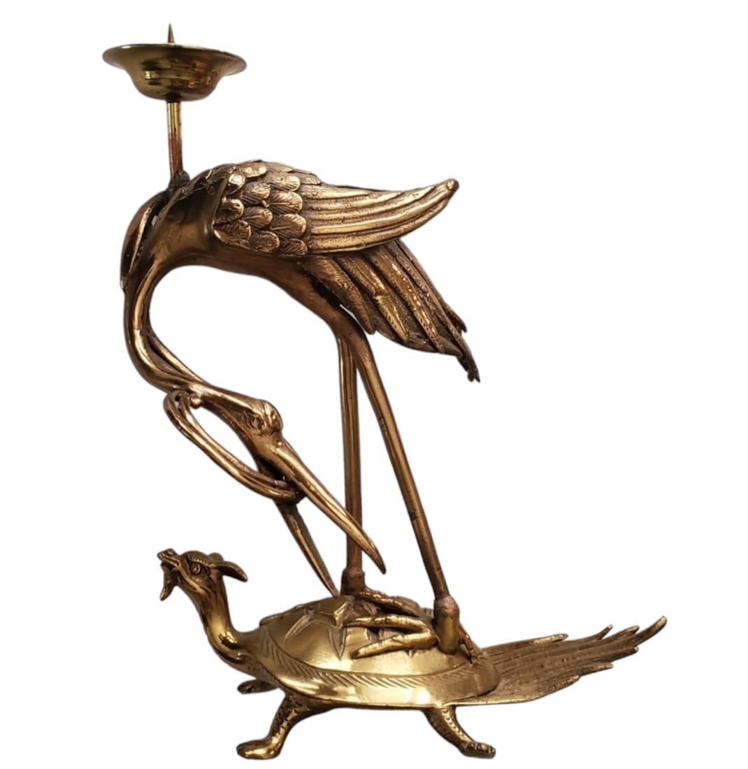 Chinese Gilt Bronze Crane on Turtle Candle Stand (1 of 5)