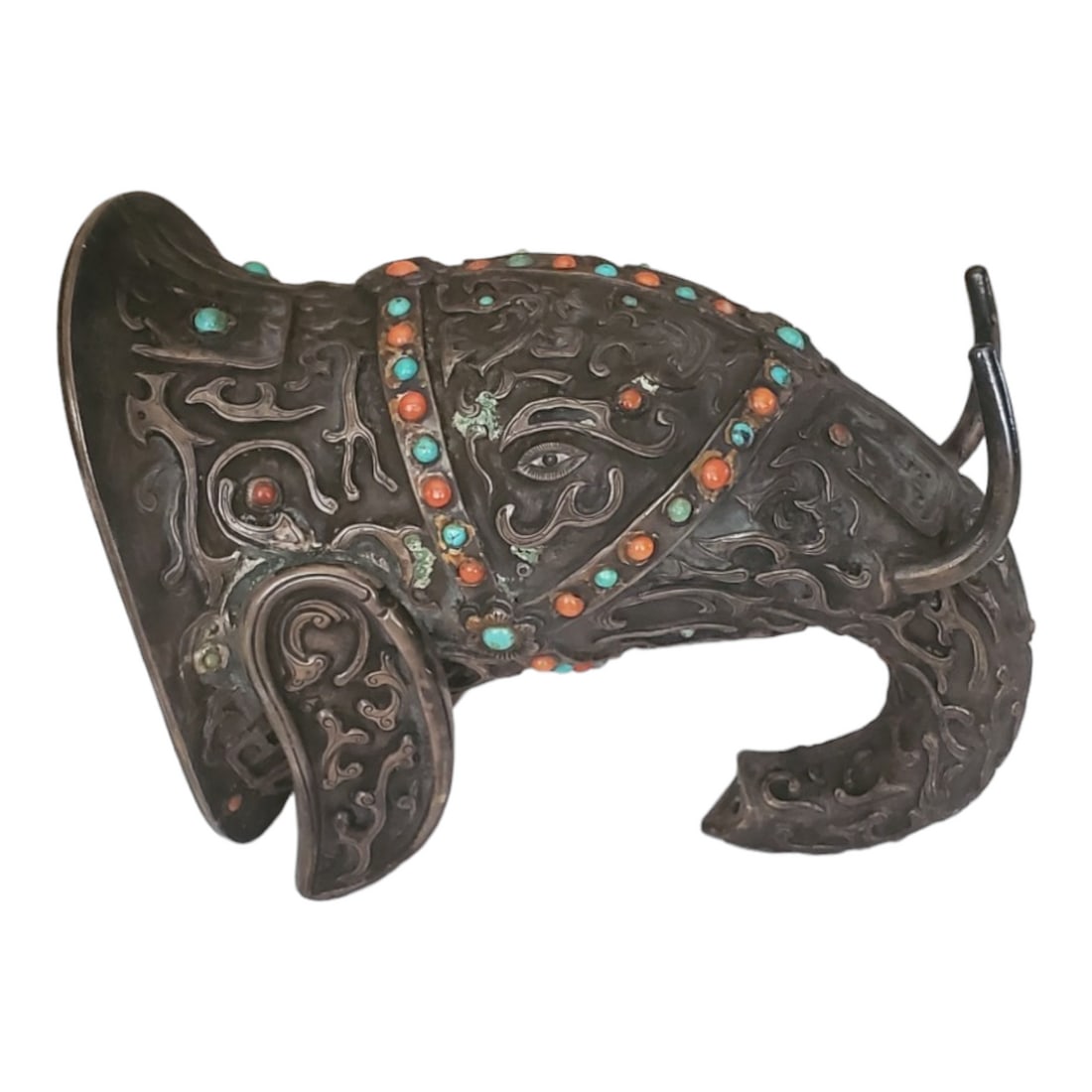 Tibetan Inlaid Silver Ritual Cup in the Form of an Elephant Head: Location of Manufacture: likely Tibet Period of Manufacture: 19th-Early 20th Century Dimenasions: 6"(l) x 4 3/8"(h) x 3 5/8"(w) Weight: 1 pound, 2 ounces For your consideration is a figural ritualisti