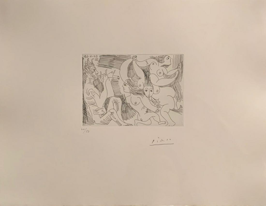 Pablo Picasso, Spanish, 1881-1973, La Celestine, Etching on Paper: Artist: Pablo Picasso, Spanish, 1881-1973, Title: La Celestine (Bloch 1650), Subject: Flute player and Dancers, Date: 20/6/1968, Medium: Etching on Arches Paper, Pencil Signed Lower Right Margin, Edit